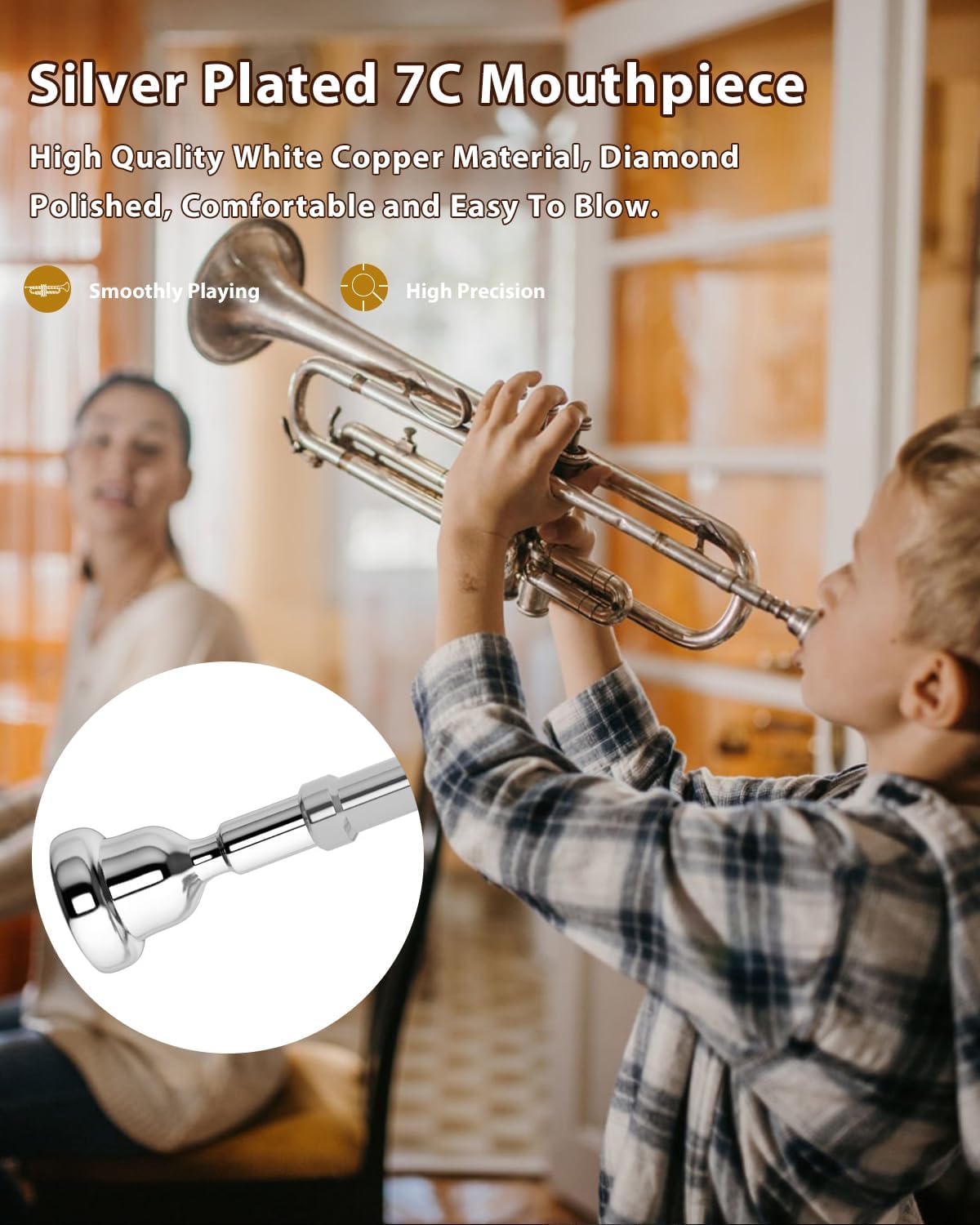 Bb Standard Trumpet Set for Beginner or Advanced Student, Brass Student Trumpet Instrument with Hard Case, Cleaning Kit, 7C Mouthpiece and Gloves (Nickel)