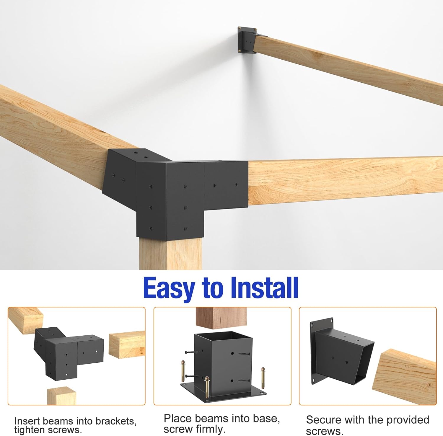 15° Slanted Roof Pergola Brackets, 3-Way Roof Wall Mount Extension Pergola Kit, Angled 4''x4'' Wood Post Base Bracket, Corner Bracket for Gazebos, Patio Pergolas, Log Cabin (6PCS)