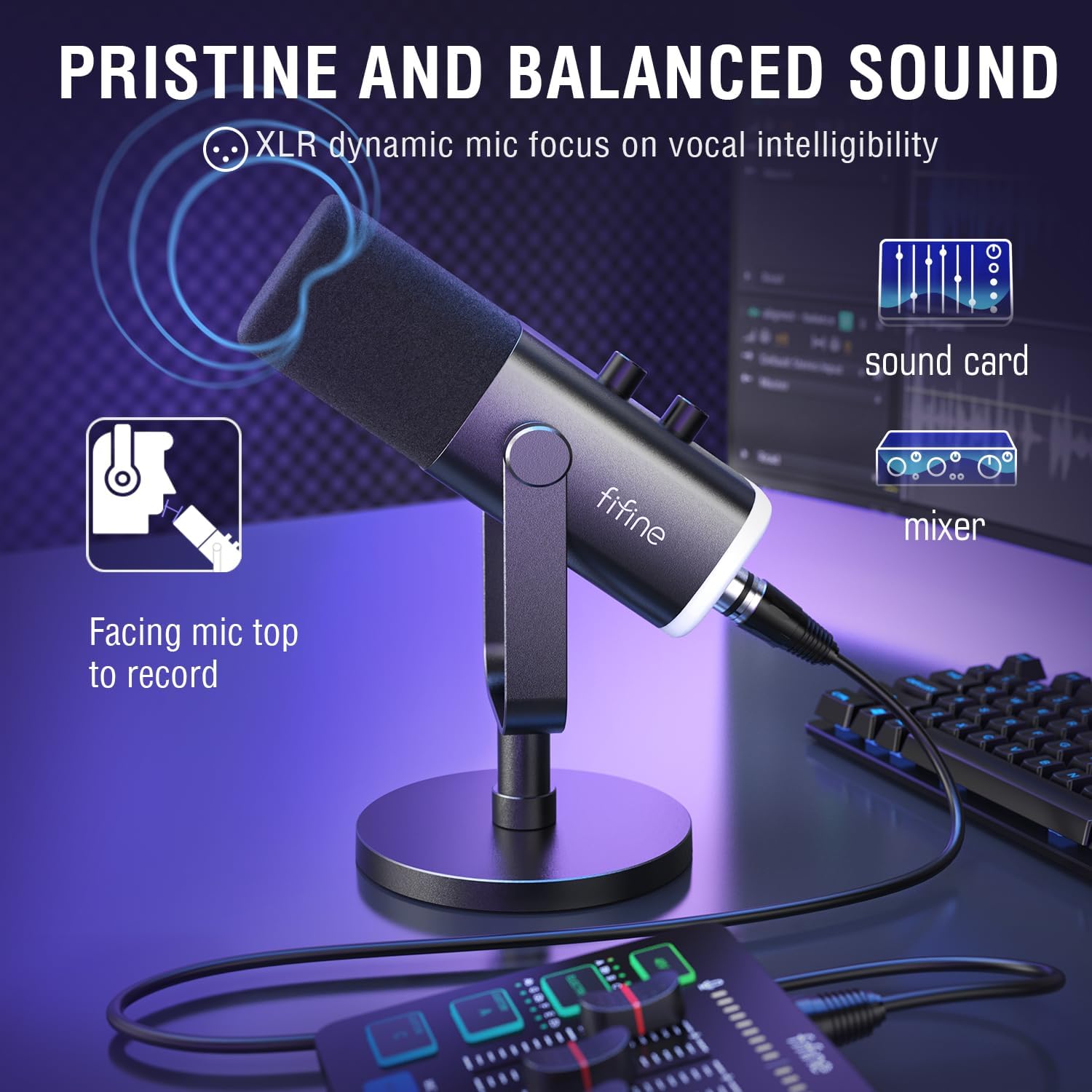 FIFINE Gaming Audio Mixer Bundle with Computer Streaming Microphone, 4-Channel RGB Mixer Set with XLR Interface, 48V Phantom Power, Dynamic Mic with Mute Button for Game Voice Podcast YouTube(SC3+AM8)