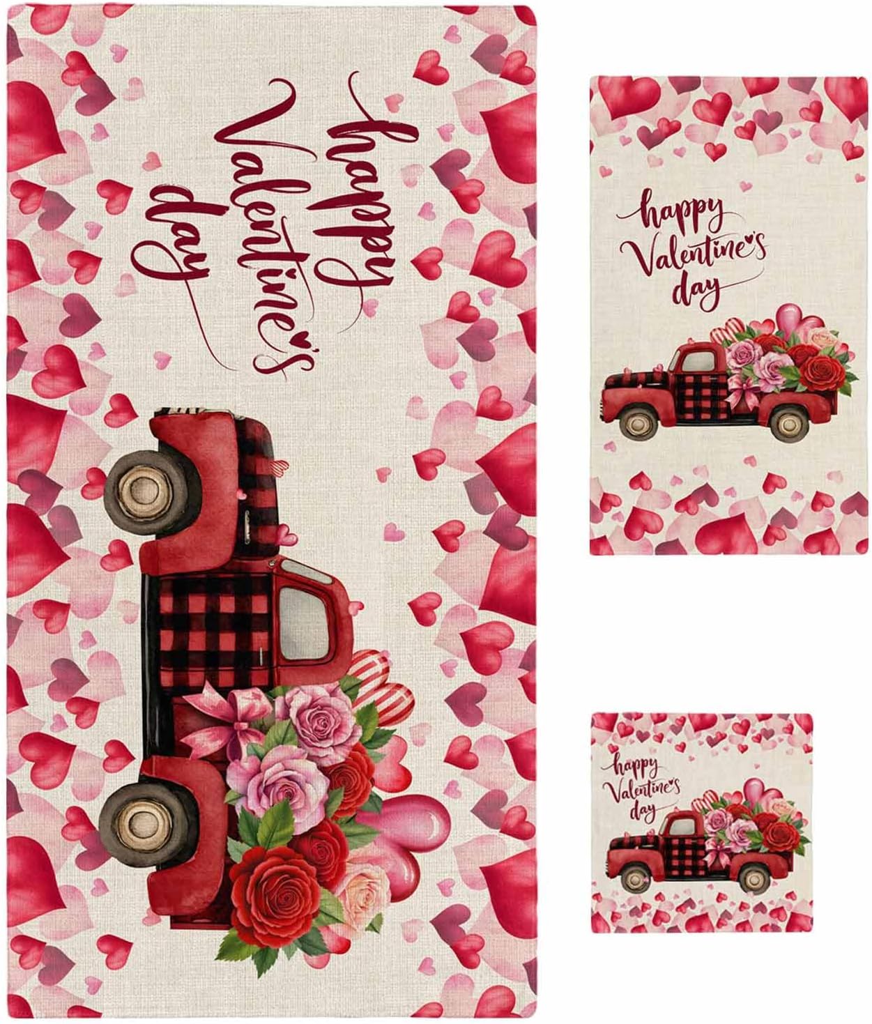 Valentine's Day Bath Towels Set of 3 for Bathroom,Soft Absorbent Shower Beach Hand Face Hair Yoga Workout Gym Towel Dish Wahcloth,Red Roses Car Love Hearts Romantic Burlap Quick Dry Bath Towels+Set