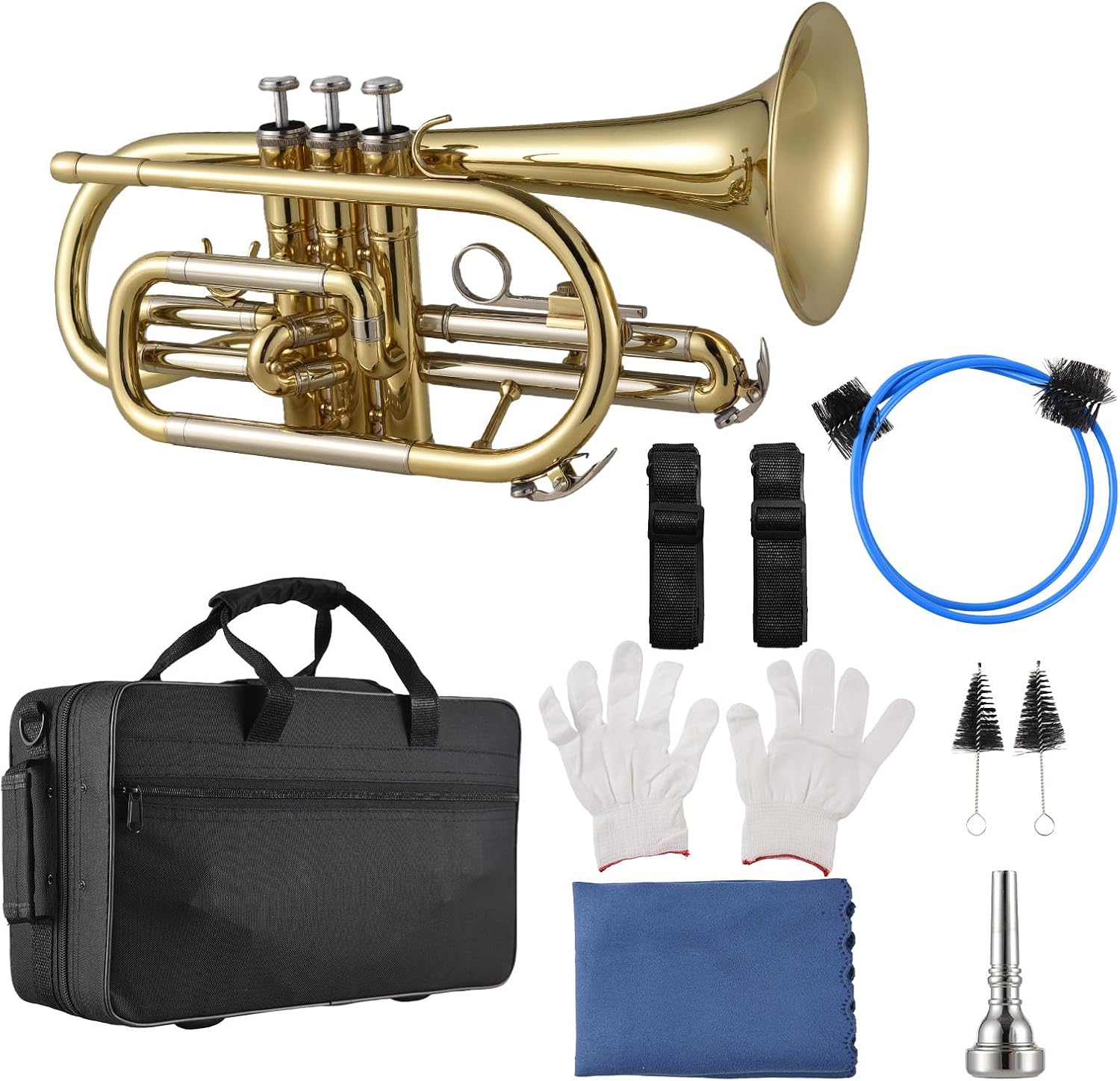 Bb Cornet Brass Instrument Surface Paint Gold Professional Brass Cornet with Carrying Case Gloves Cleaning Cloth Brushes for Students and Beginners
