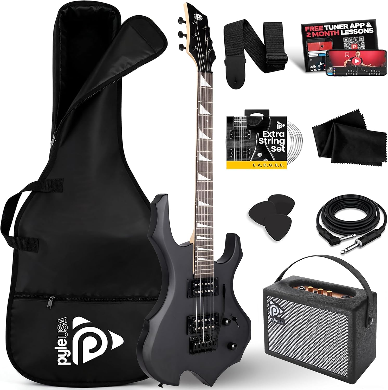 Pyle Heavy Metal EG Fire Electric Guitar Axe w/ Amplifier Kit, Full Size Instrument w/ Practice Amp & Accessories, Metal Axe, Black