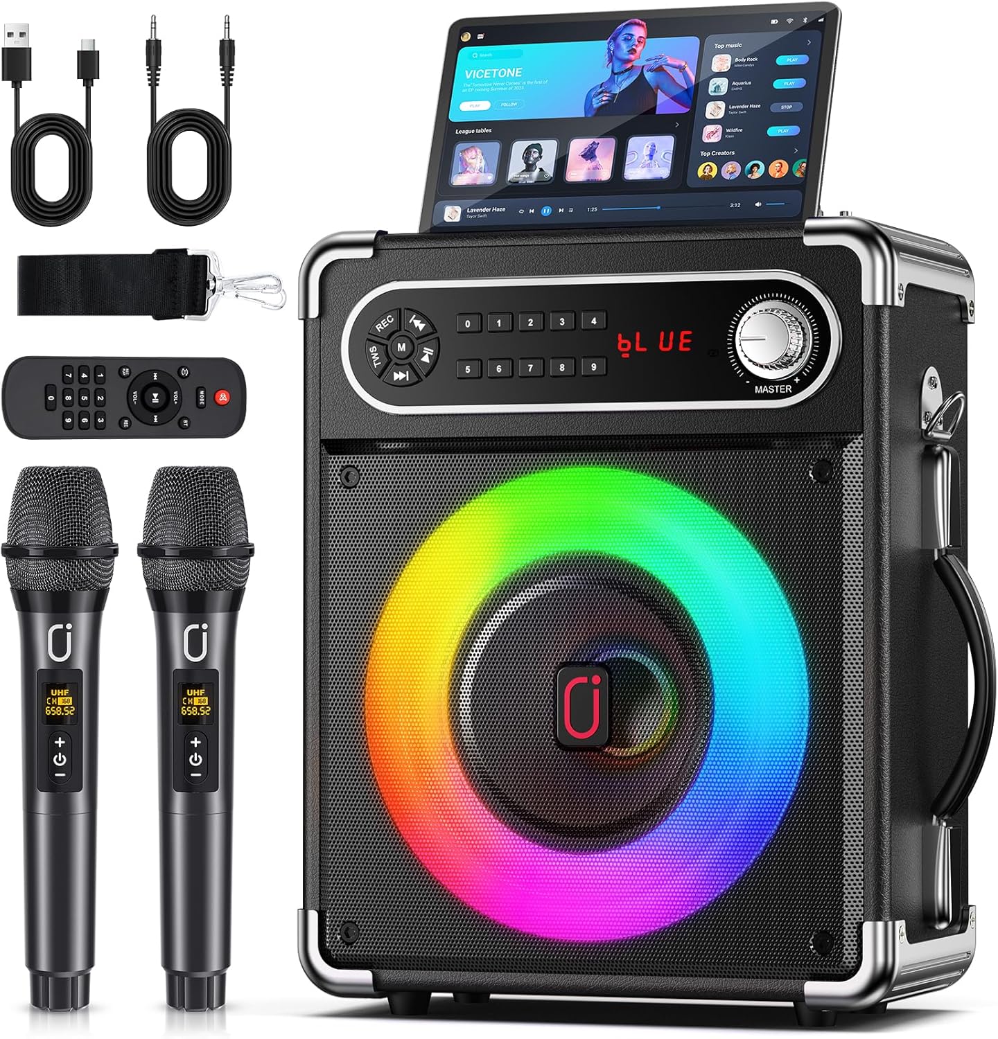 JYX Karaoke Machine, 2 Wireless Microphones, Portable Bluetooth 5.3 PA Speaker with Disco Lights, Smart TV Compatible, Upgraded Subwoofer, Bass Boost & Echo, TF/USB/AUX/FM, Home & Outdoor Party