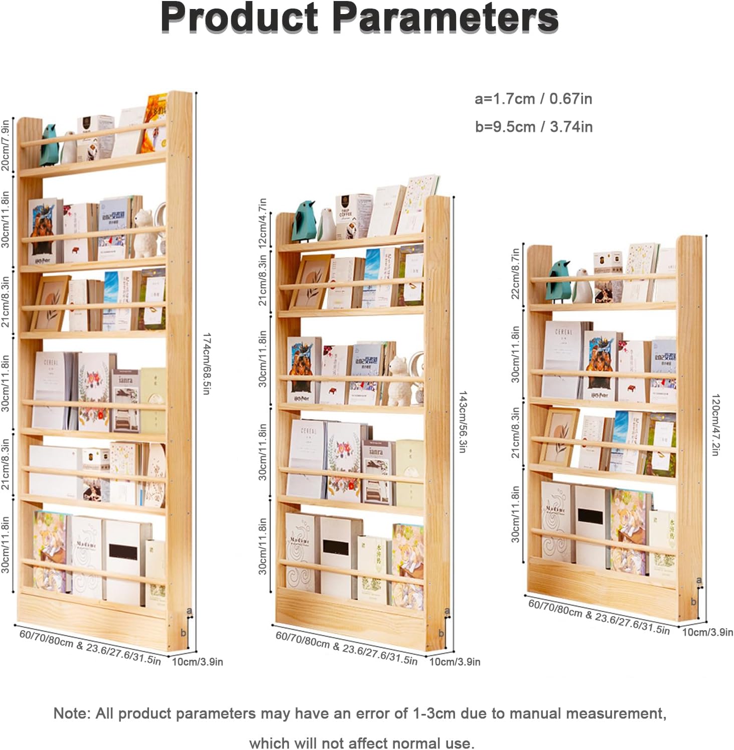 Behind The Door Bookshelf, Solid Wood Bookcases, Open Display Shelves, Space-Saving Organizer, Wall Mount Shelf, for Books in Bedroom, Living Room Natural Wood Color 4F-70cm