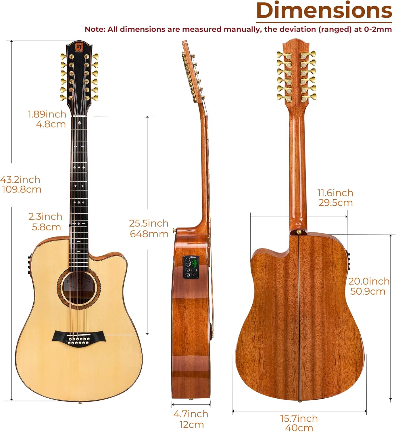 Vangoa Advanced 12 String Guitar, Full Size Twelve String Guitar Acoustic Electric 4 Band EQ Electroacoustic Set for Professional Beginner Adults Intermediate, Spruce Top, Glossy Natural