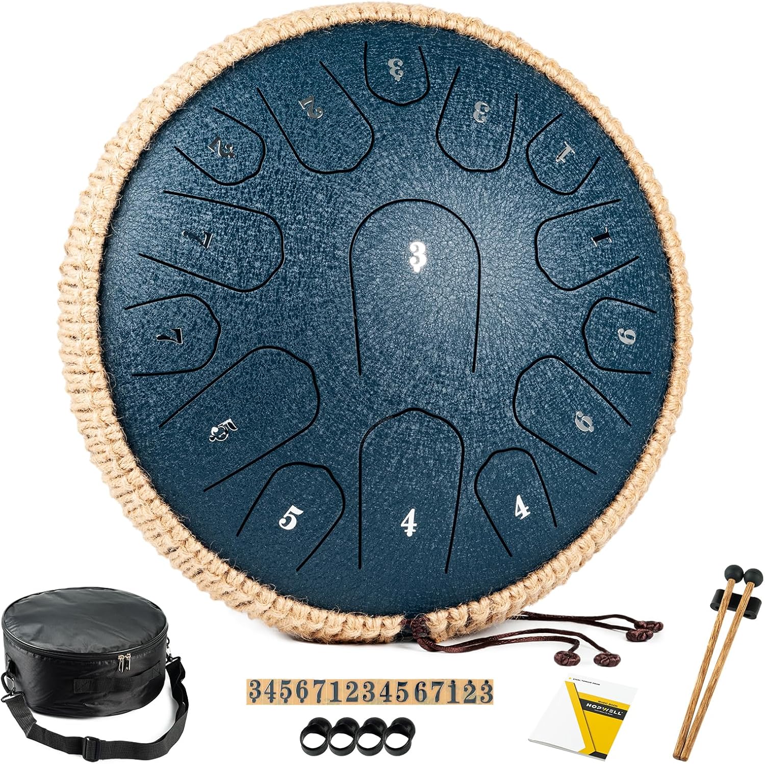 Steel Tongue Drum - 13 Inches 15 Notes Tongue Drum - Hand Pan Drum with Music Book, Handpan Drums Mallets and Carry Bag, D Major (Navy Blue)