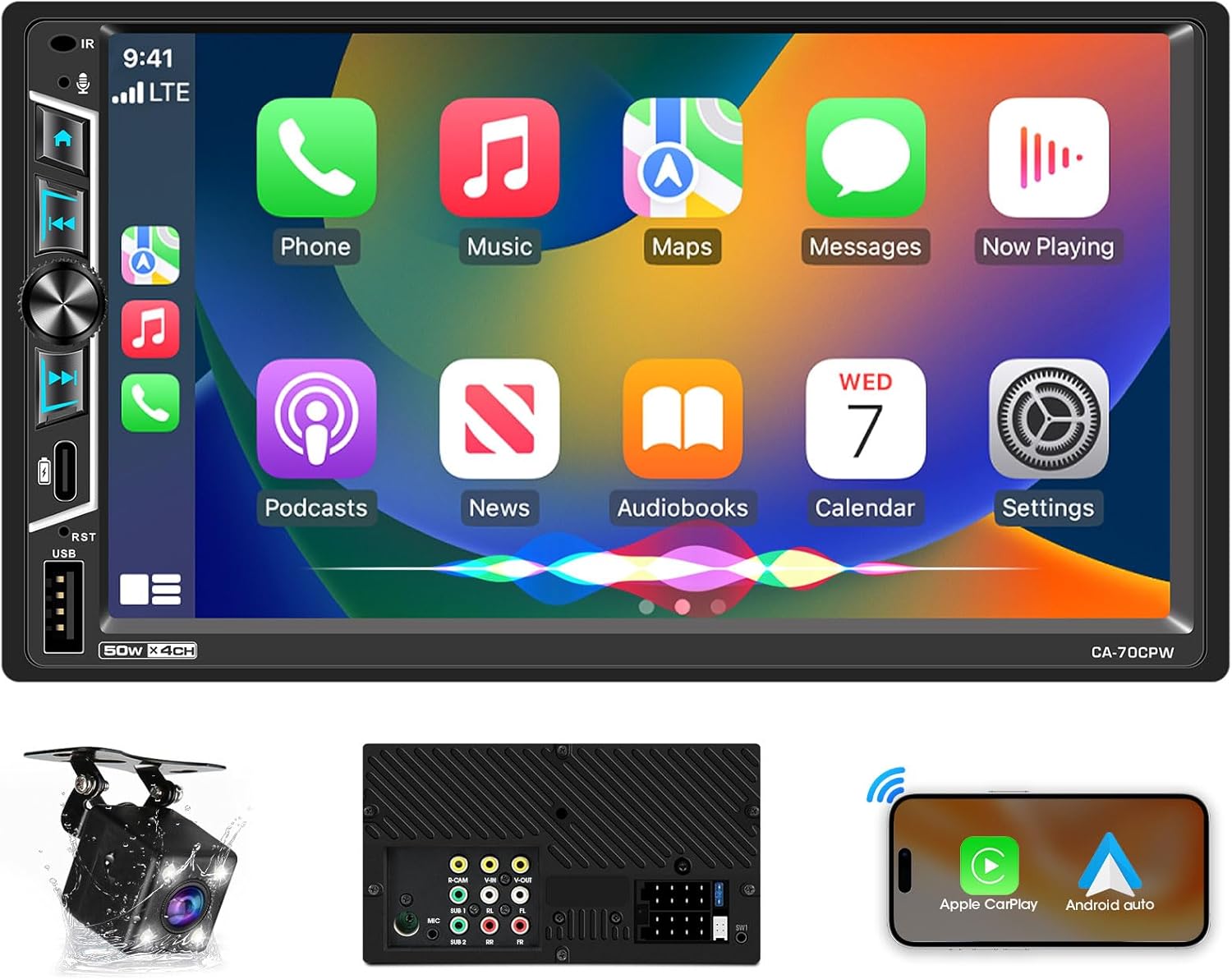 Double Din Wireless CarPlay Stereo: 7 Inch Wireless Android Auto Car Radio with 2 Subwoofer Outputs - IPS Touchscreen GPS Navigation Bluetooth HD Backup Camera Type-C Fast Charge