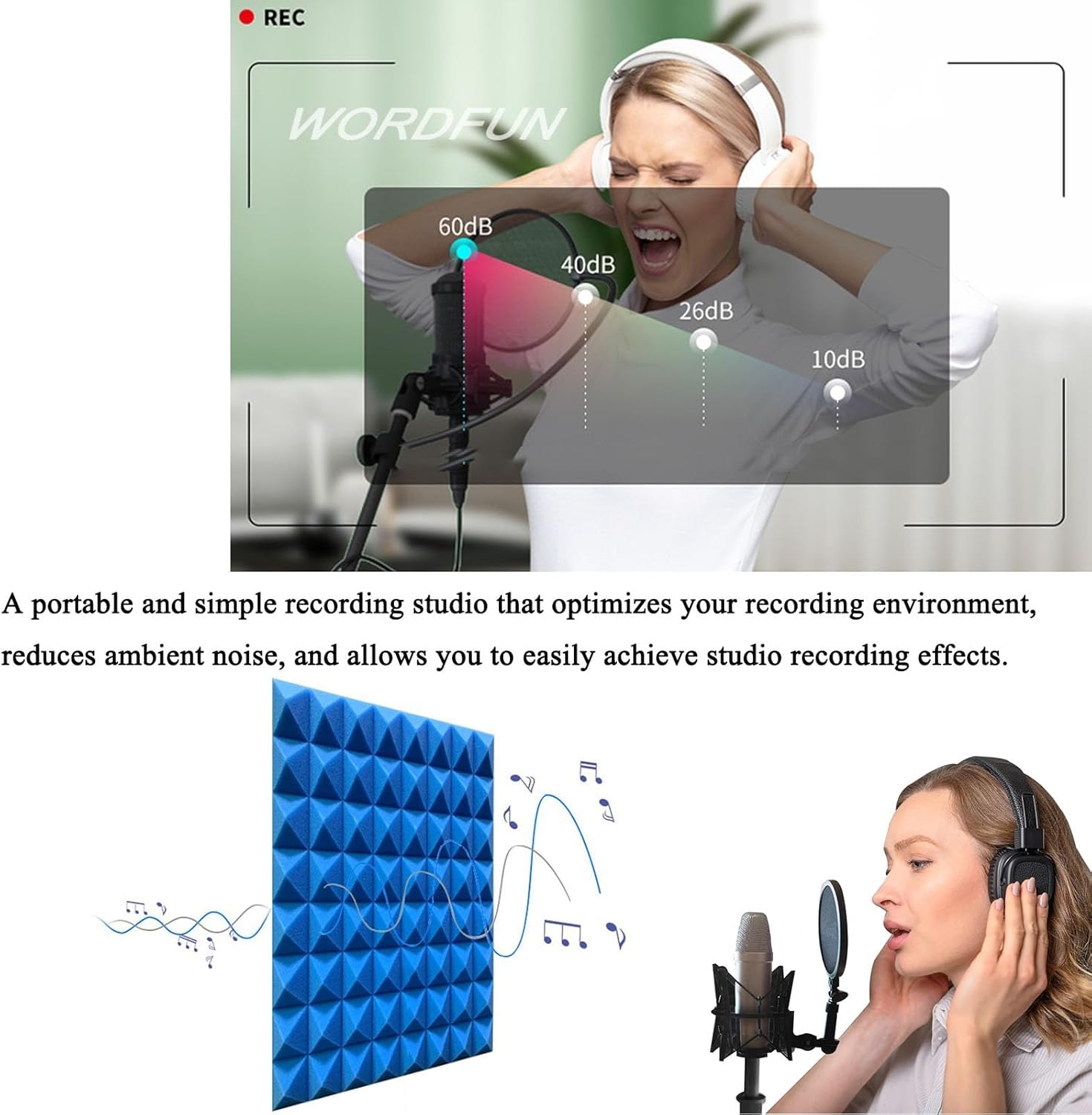 WORDFUN Portable Vocal Booth Sound Booth Recording Equipment, Desktop Soundproof Cover, Microphone Foam Booth Cube, Microphone Isolation Shield, Vocal Absorbing Shield, for Music Studio Bedroom Home