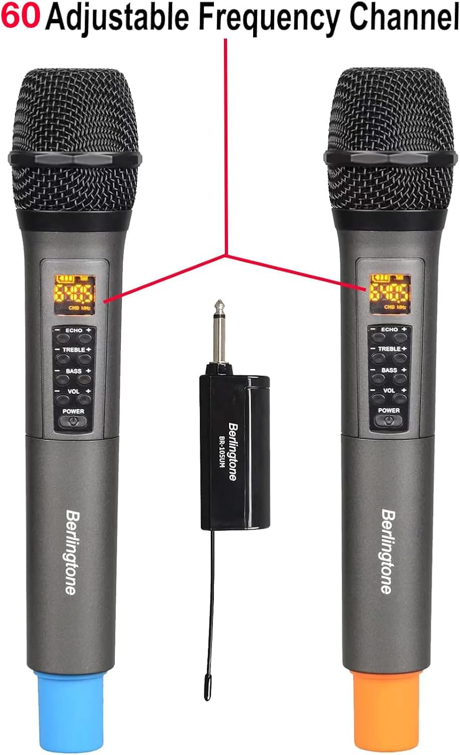 Berlingtone) Dual UHF Wireless Dynamic Handheld Microphone Systems, 60 Adjustable Frequency Channel, with Echo, Treble, Bass Volume, Rechargeable Battery, for Singing, Church, up to 200Ft. Range