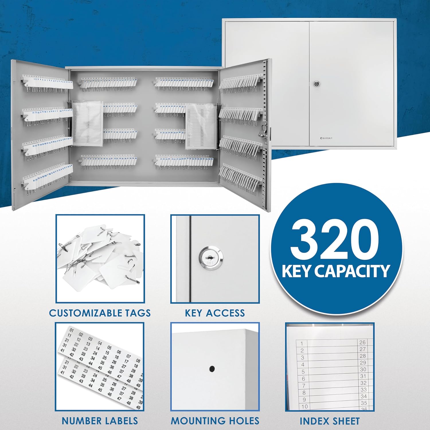 Barska 320-Position Key Cabinet – Steel Key Lock Box with Numbered Hooks, Key Log Sheet, White Tags & Index Chart – Wall-Mount Organizer, Gray Finish