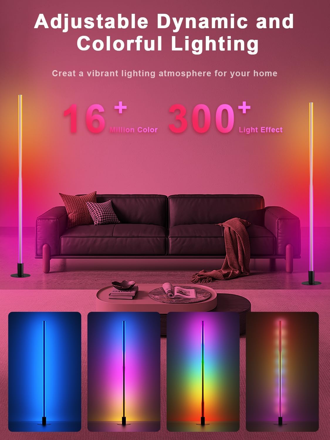 Corner Floor Lamp 2PCS, 1300Lumen Modern LED lights with Music Sync and 16 Million Colors Foldable, Timer Setting, DIY Shape Light with APP & Remote Control and bendable for Living Room,Bedroom,Room
