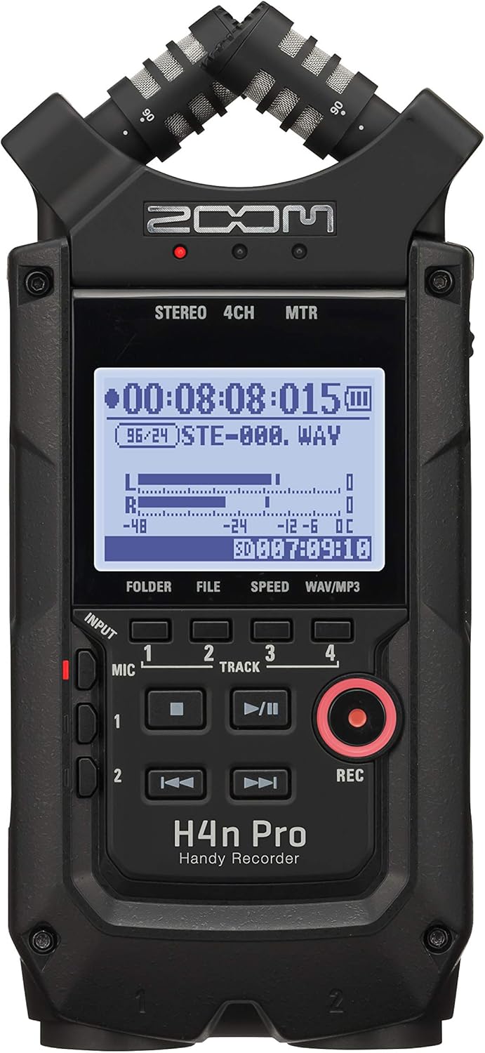 Zoom H4n Pro 4-Track Portable Recorder, All Black, Stereo Microphones, 2 XLR/Combo Inputs, Battery Powered, for Stereo/Multitrack Recording of Music, Audio for Video, and Podcasting