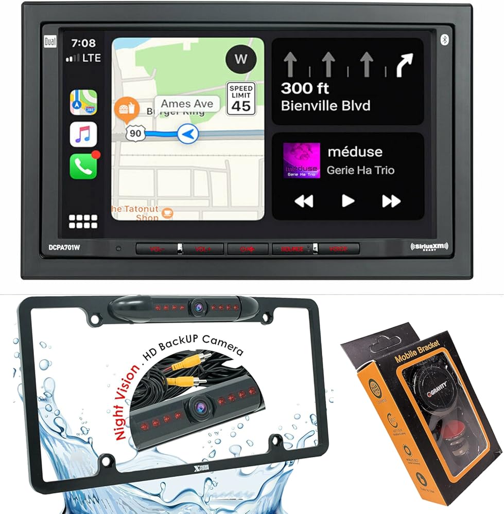 Dual DCPA701W 7-Inch Single-DIN in-Dash Digital Media Receiver with Bluetooth, Android Auto and Wireless WiFi CarPlay Android Auto to The Unit with Gravity Magnet Phone Holder and Camera PK2 Bundle
