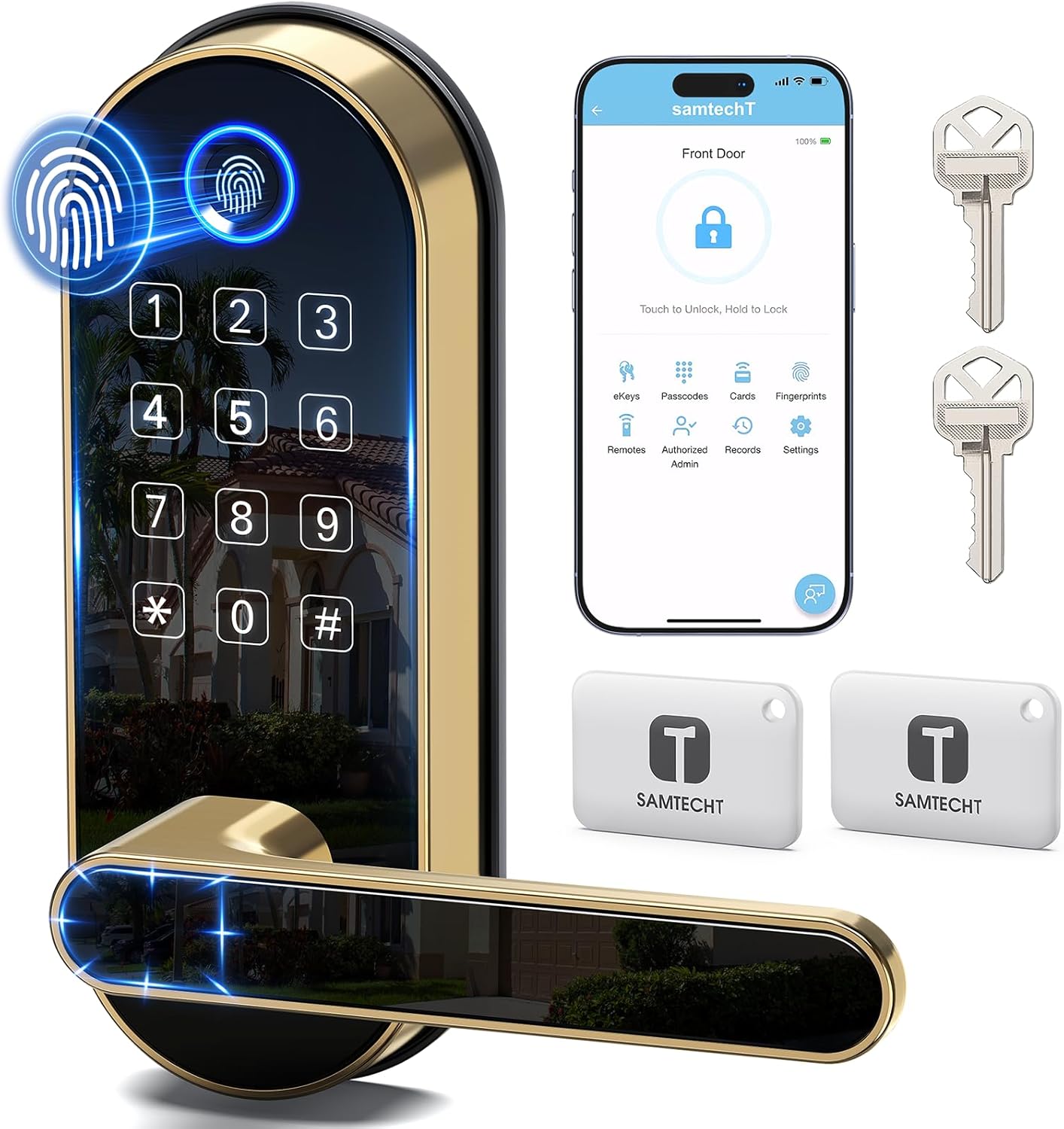 Bluetooth Fingerprint Smart Lock with Handle & Keypad – Fits Most US Doors, DIY Install, Keyless Entry: Code, FOB, Auto-Lock. Ideal for Home, Airbnb, Rental, Kids, Seniors. Alexa & Google Compatible