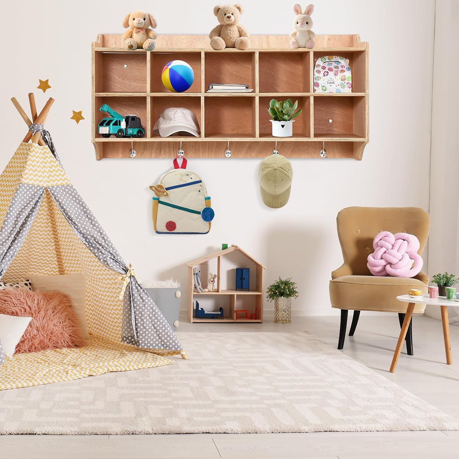 Cubby Storage Organizer Cubes, Daycare Shelves with 10 Cubbies Shoe Layer with Hooks and Shelf, Hanging Wall Mount, Furniture for Kids Toys, Classroom, 47Inch Width