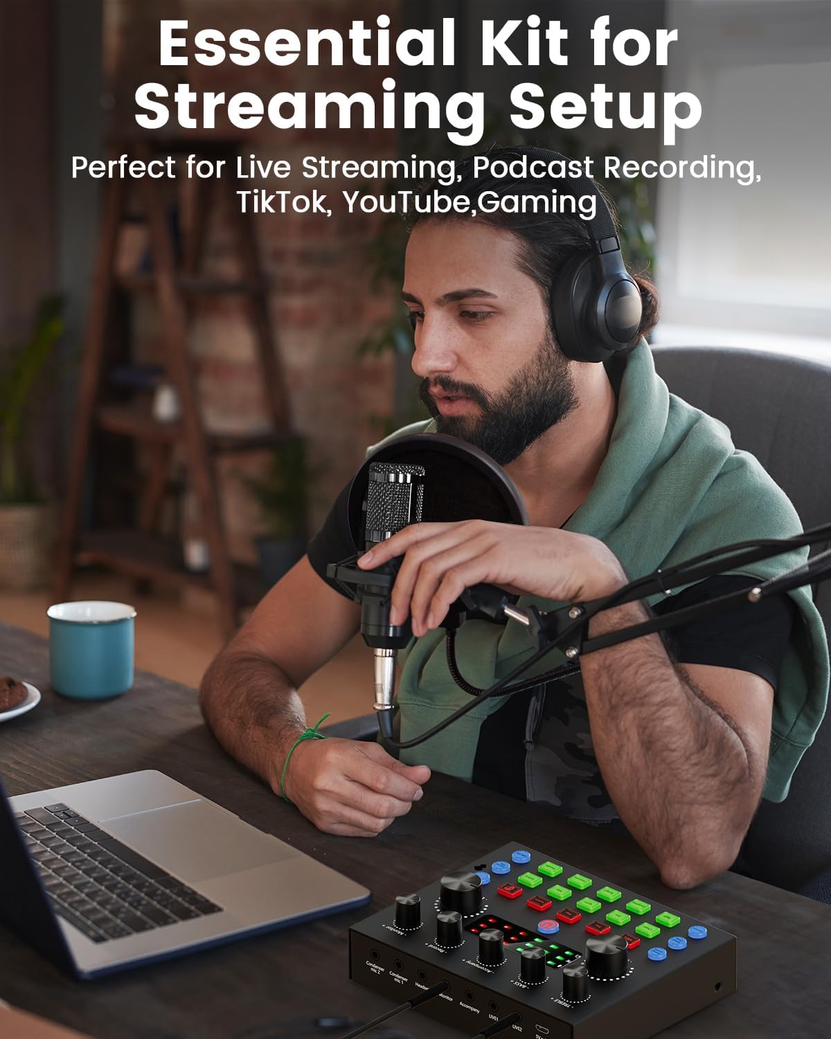 Podcast Equipment Bundle for 2, All-in-One Audio Interface with Studio Condenser Microphone Perfect for Podcasting, Recording, Singing, Streaming and Gaming, PC, Smartphone, YouTube, TikTok