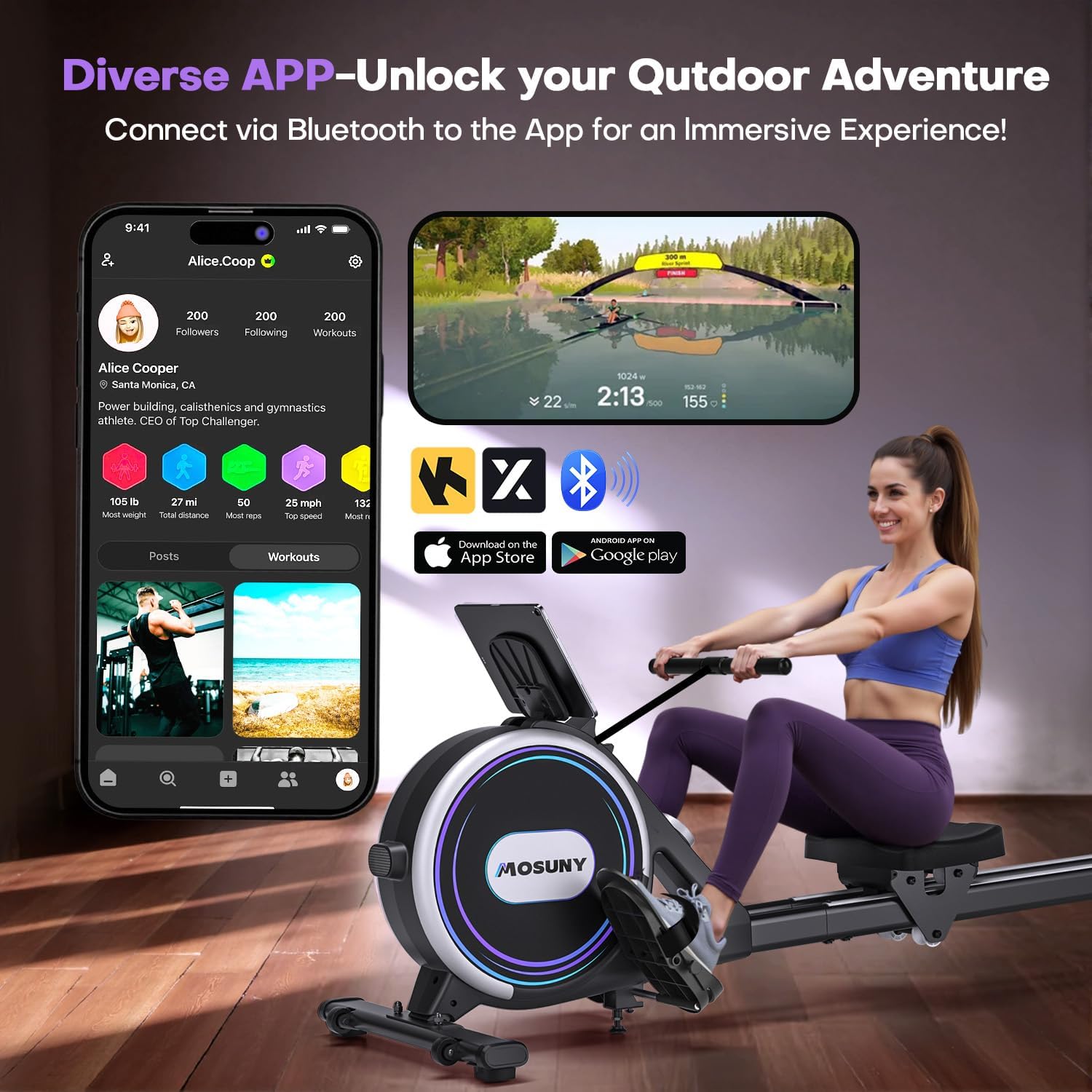 Rowing Machines for Home, 16/32-Level Adjustable Resistance, Magnetic Rowing Machine with App Supported, 350/400 LB Weight Capacity, Upgraded Dual Slide Rails with LCD Data Display Screen