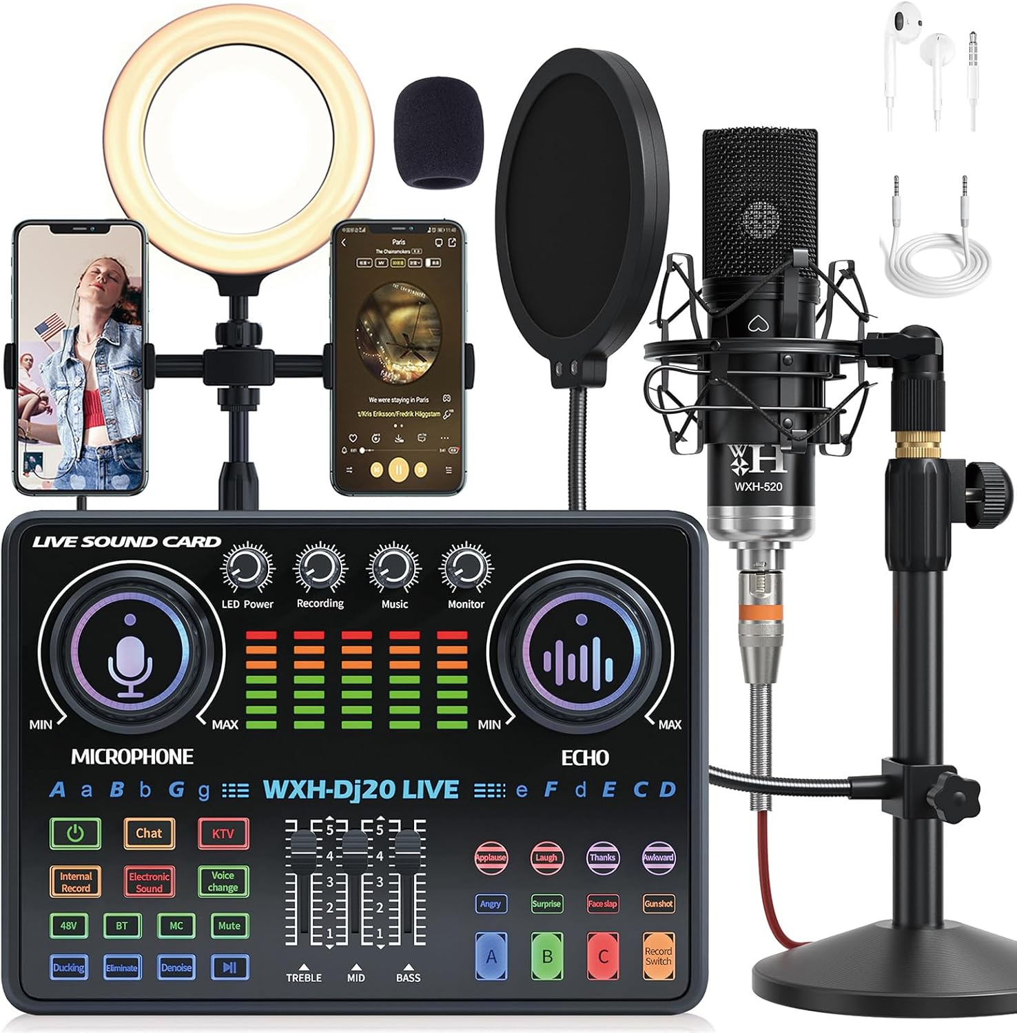 ALSO GO Podcast Equipment Bundle, WXH520 Podcast Microphone with Voice Changer, Dj20 Sound Card with Audio Interface, Adjustable Stand Suitable for Podcasting, PC, Smart Phone, Singing, Gaming