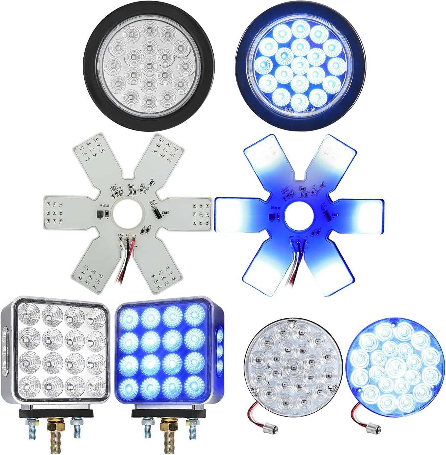 Partsam 2x 4 Blue Round Tail Lights 1157, 2x 7.8 Blue Air Breather Lights, 2x 38LEDs Square Double Face Amber Red Blue, 2x 4 Red Blue Round Tail Lights