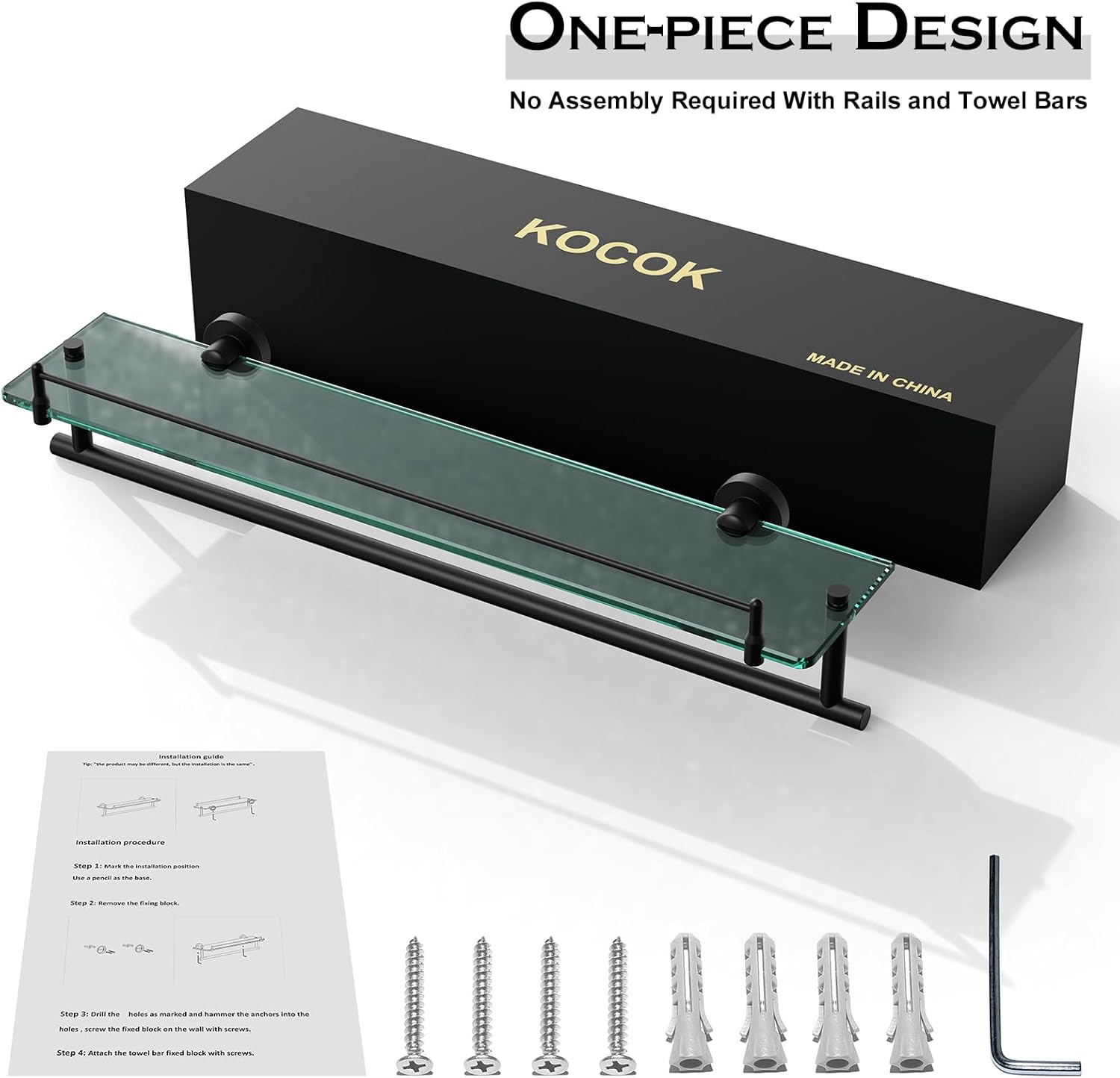 Bathroom Shelf Glass Shelf 2 Pack,24-Inches Floating Glass Shelves Towel Bar/Track(Matte Black)