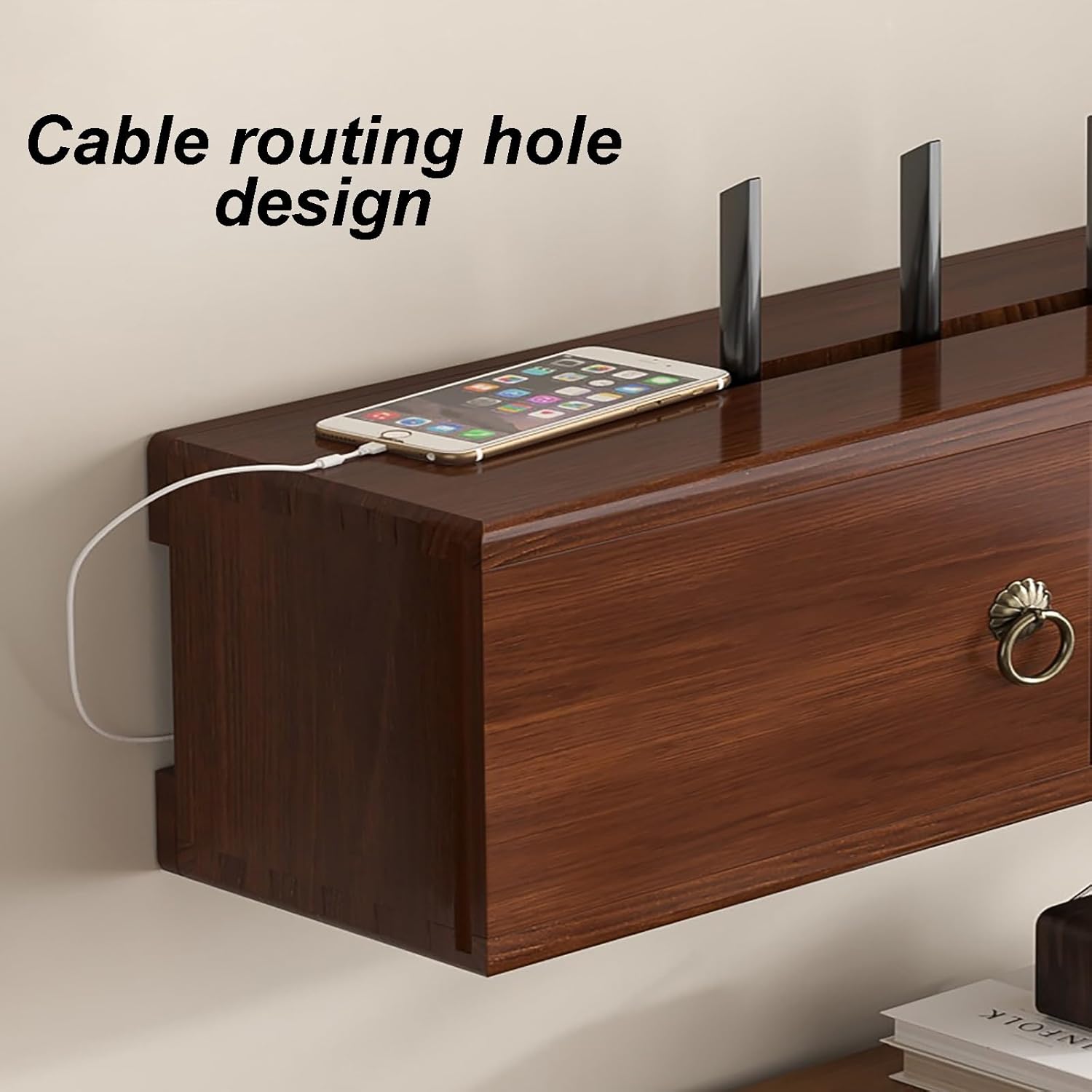 Router Shelf Wall Mount, Wooden WiFi Router Storage Box, Home Media Storage Cabinet for Living Room, No Signal Blocking, No Assembly Required(Walnut Color,48cm)