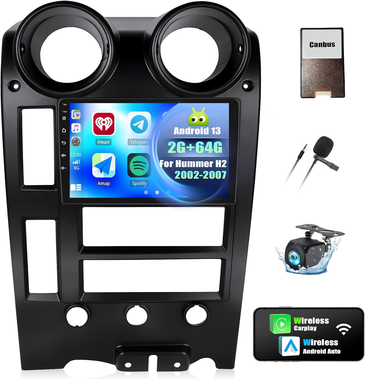 2G+64G Android 13 Car Stereo for Hummer H2 2002-2007 with Wireless Carplay Android Auto,9” Touchscreen Hummer H2 Car Radio with Mirror Link WiFi/GPS Navigation Bluetooth FM/RDS SWC+Rear Camera