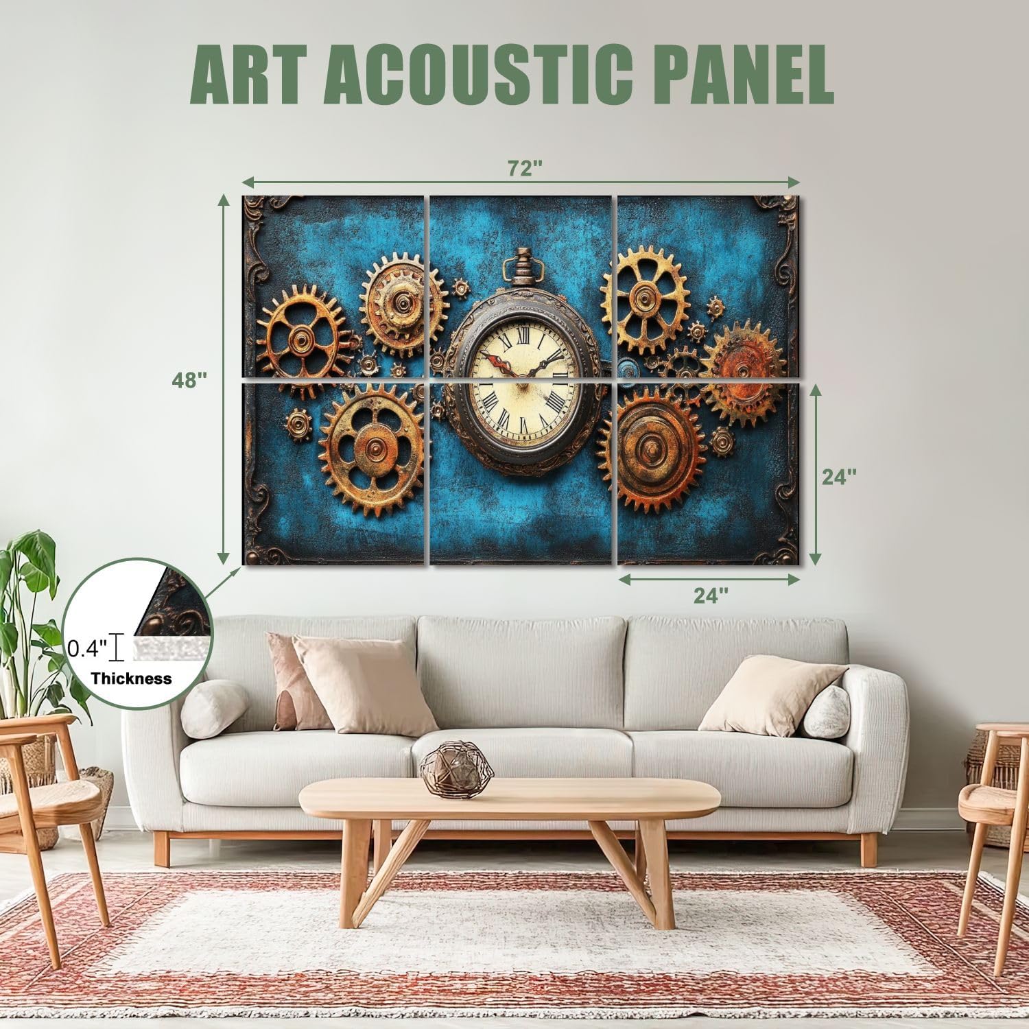 6 Pack Art Acoustic Panels Sound Absorbing Retro Old Clock Vintage Cogwheels Rusty Machine Party Gears Cogs Decorative Soundproof Wall Panels Self Adhesive for Recording Studios Office 72