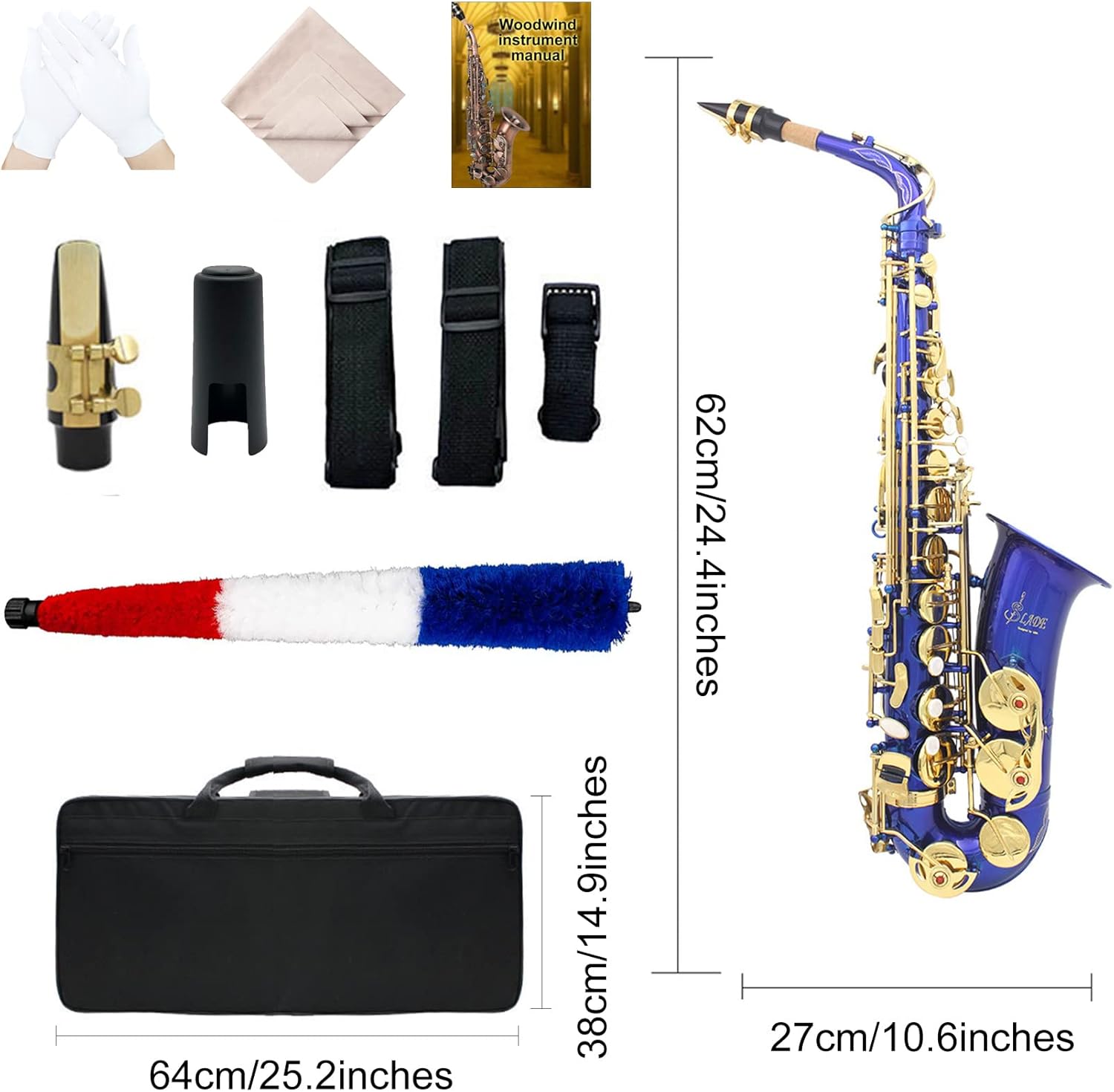 Alto Saxophone Full Kit, Blue Lacquer Alto Sax in E Flat, Professional Sax Woodwind Instrument for Beginner/Students/Performance, Quality Brass Engraving E Flat Alto Sax