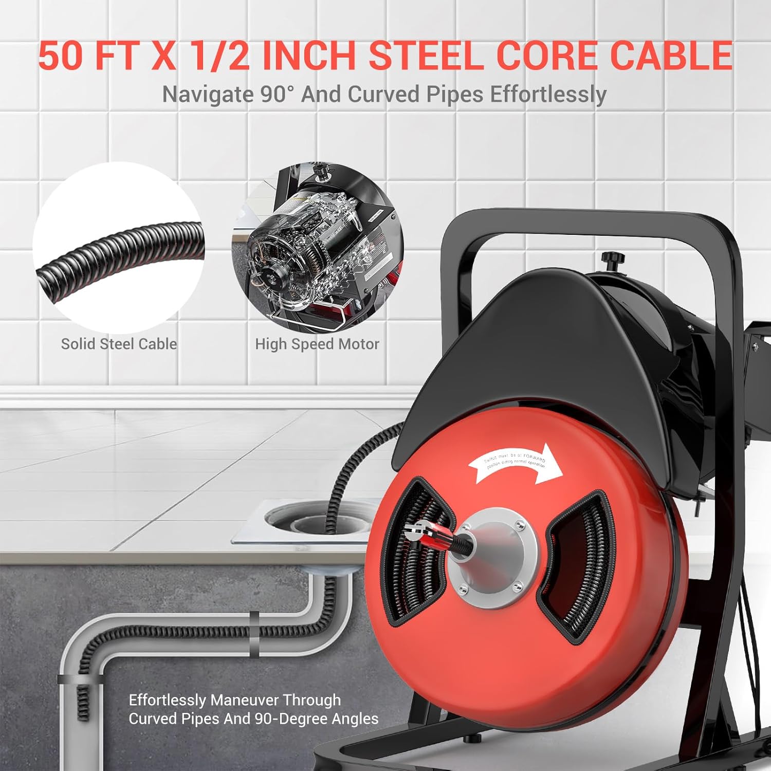 50FTx1/2 Inch Drain Cleaner Machine with Wheels, Sewer Snake Electric Drain for 2