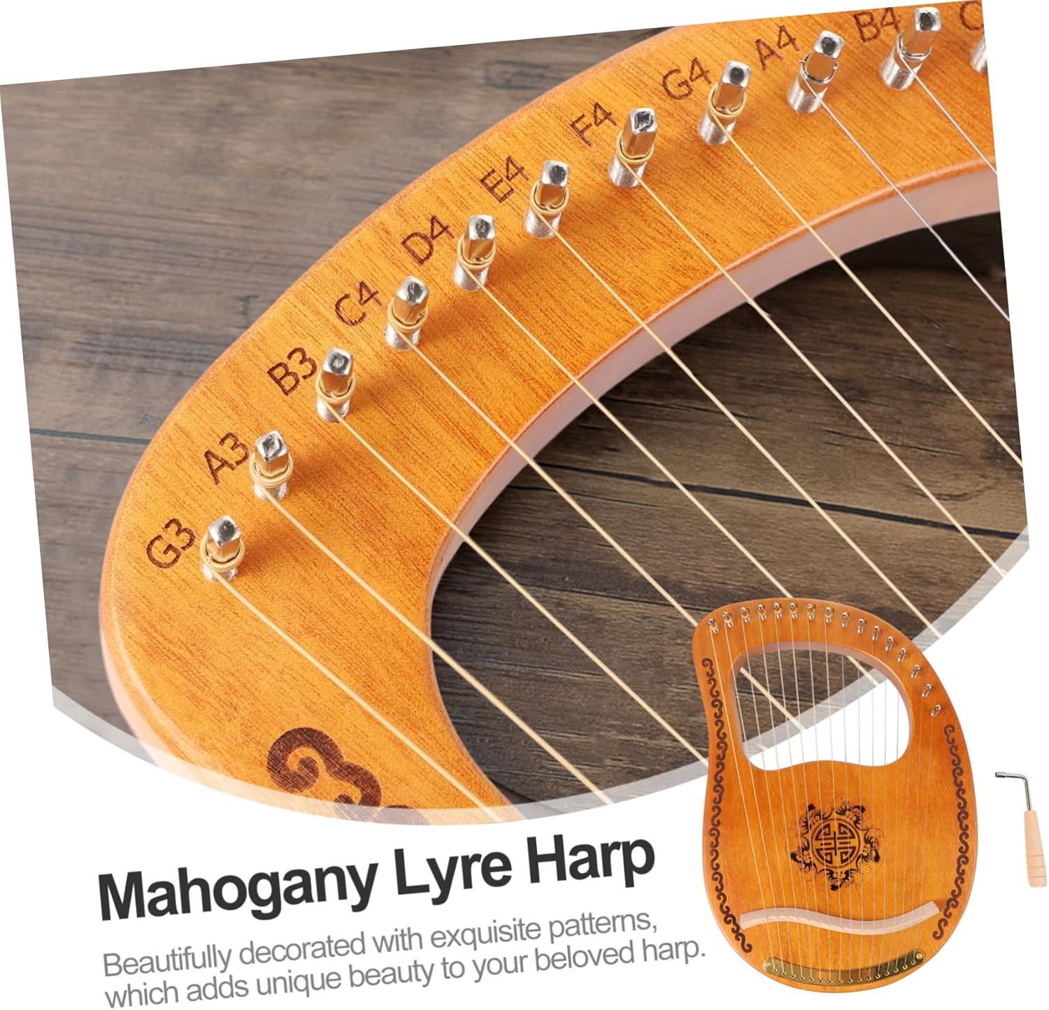 FAVOMOTO String Lyre Harp Portable Ancient Style Music Instrument for Beginners Made of Okoume Wood Includes Tuning Wrench and Decorative Patterns for Musicians and Music