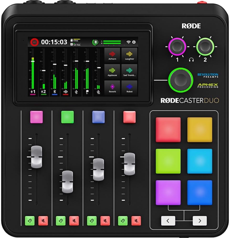 RODECaster Duo Integrated Audio Production Studio Bundled with Podcast Mic Pack + 128GB Micro-SD Card + Cleaning Cloth (4 Items)