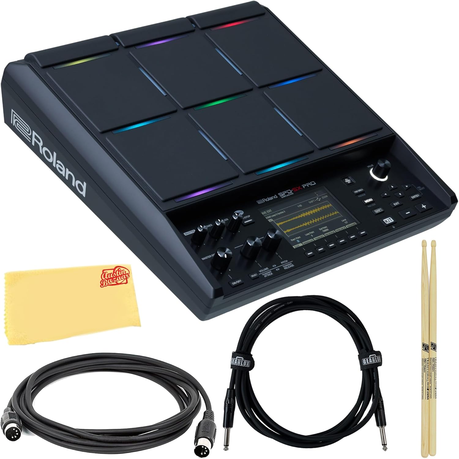 Roland SPD-SX PRO Sampling Pad Bundle With Drumsticks, MIDI Cable, Instrument Cable, and Austin Bazaar Polishing Cloth