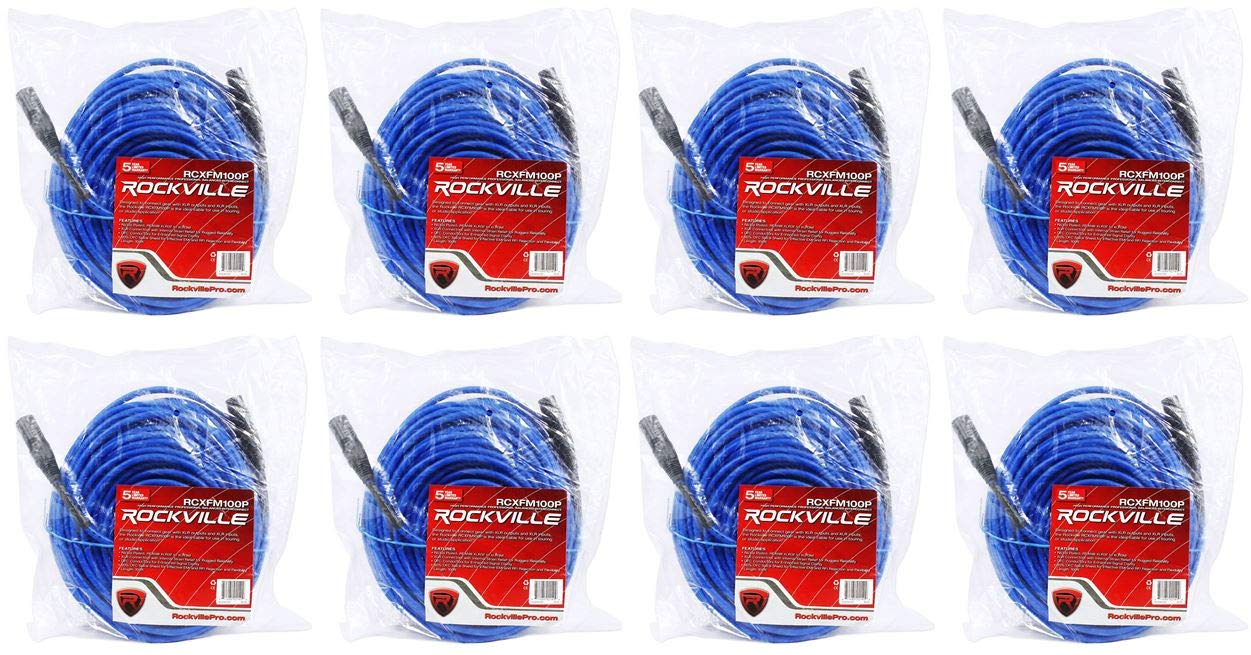 Rockville RCXFM100P-BL 100 Ft XLR Female to Male Microphone Cable, Nickel Plated Connectors, Oxygen Free Copper, EMI RFI Shielded, Blue Finish, 8-Piece