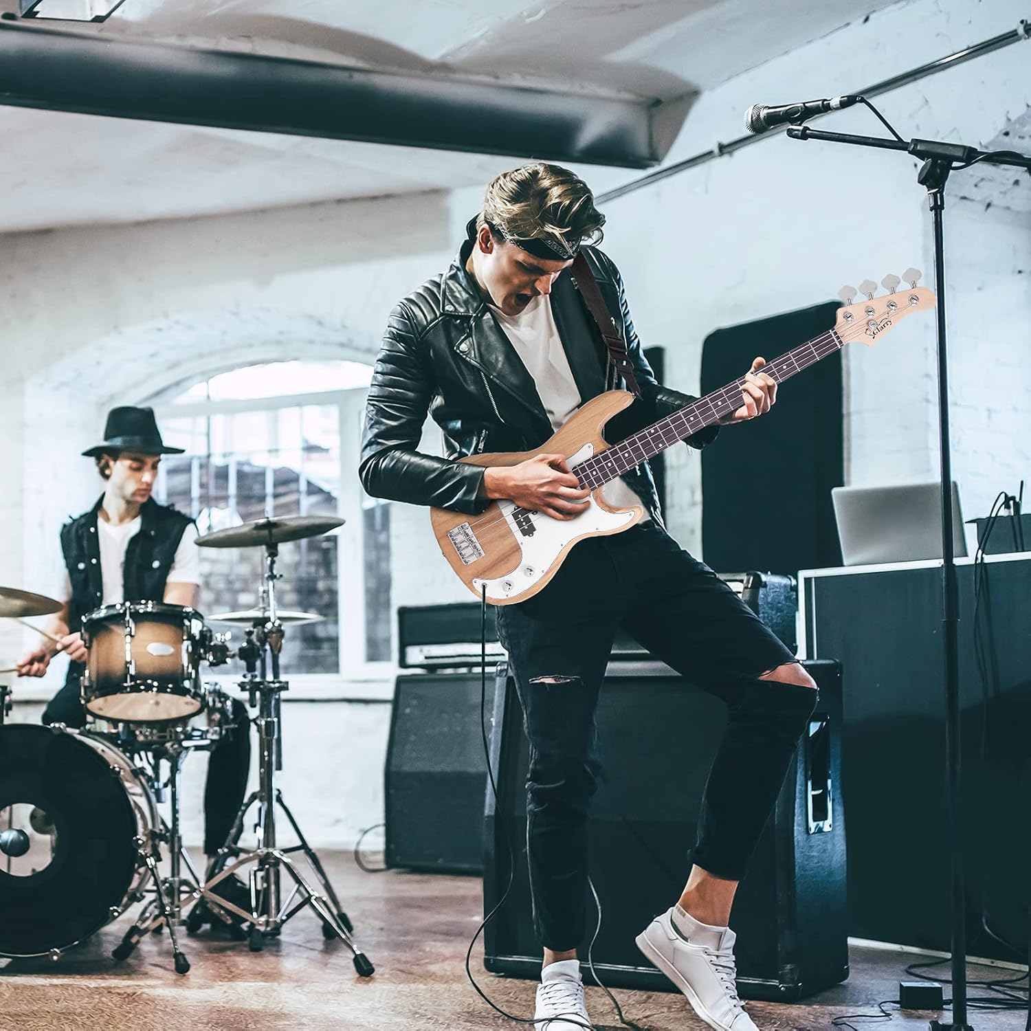 Glarry Electric Bass Guitar Full Size 4 String Rosewood Basswood Fire Style Exquisite Burning Bass(Burly Wood)