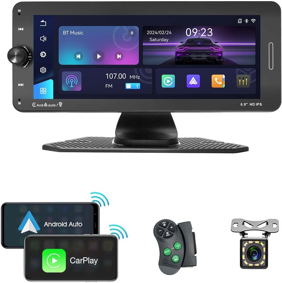 Wireless CarPlay Screen Built-in YouTube for Car, 6.9 Inch Portable Car Stereo with Android Auto for Navigation, Backup Camera, Bluetooth with Steering Wheel Remote Control