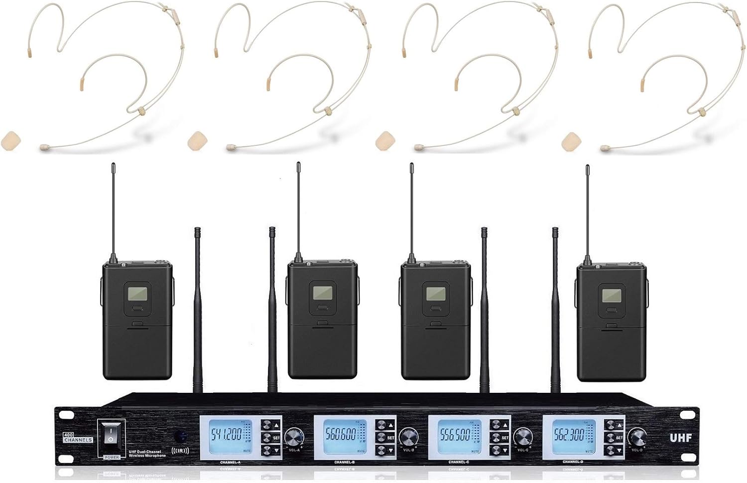 4200S 4 Channel UHF Wireless Microphone System Quad UHF Cordless Mic Set 4 Headset Mics Selectable Frequency