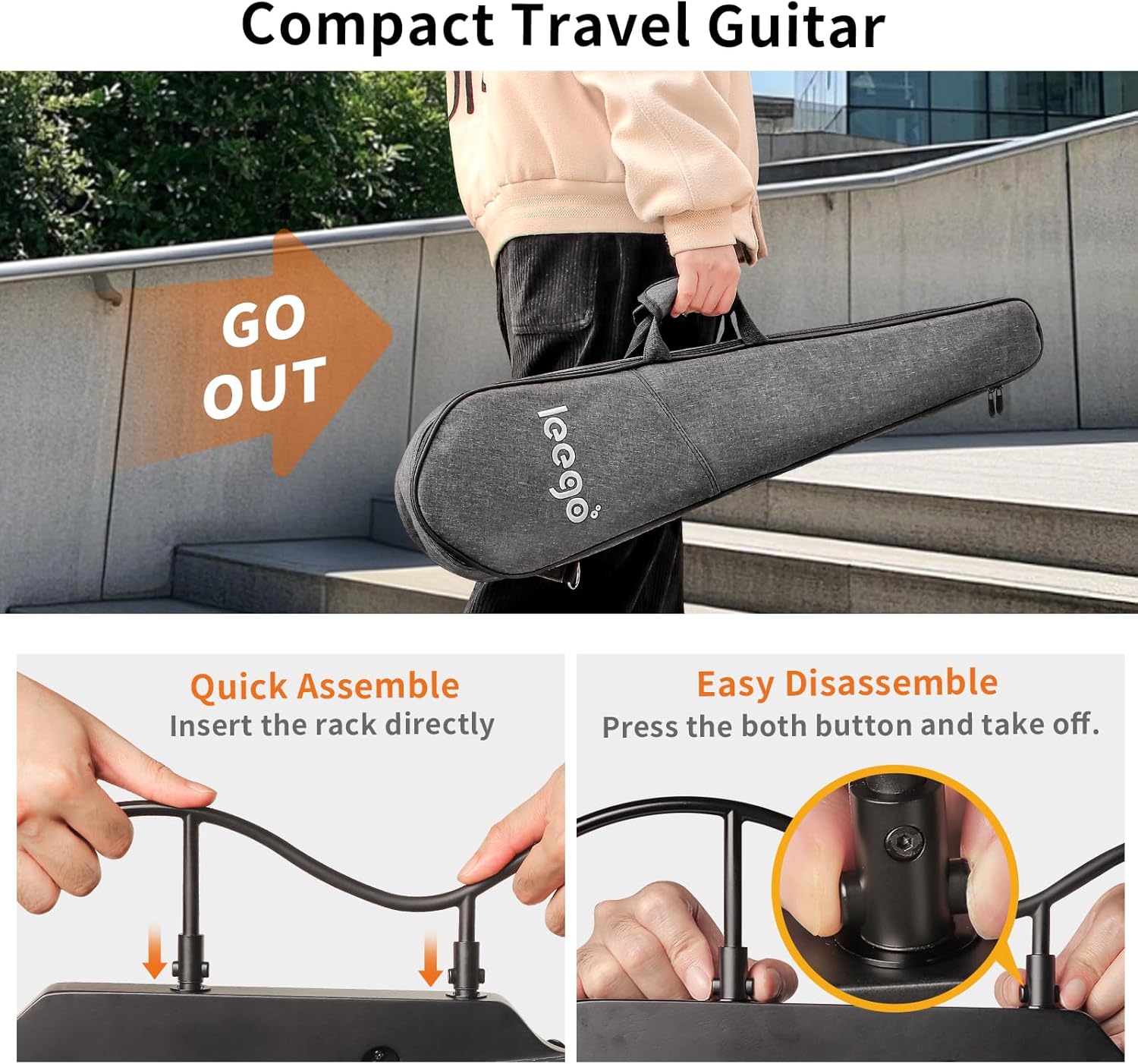 Mini Travel Electric Guitar, Small Lightweight Headless Guitar for Practice, Portable Compact Solid Body Easy Assemble Stands with Gig Bag, Sunburst
