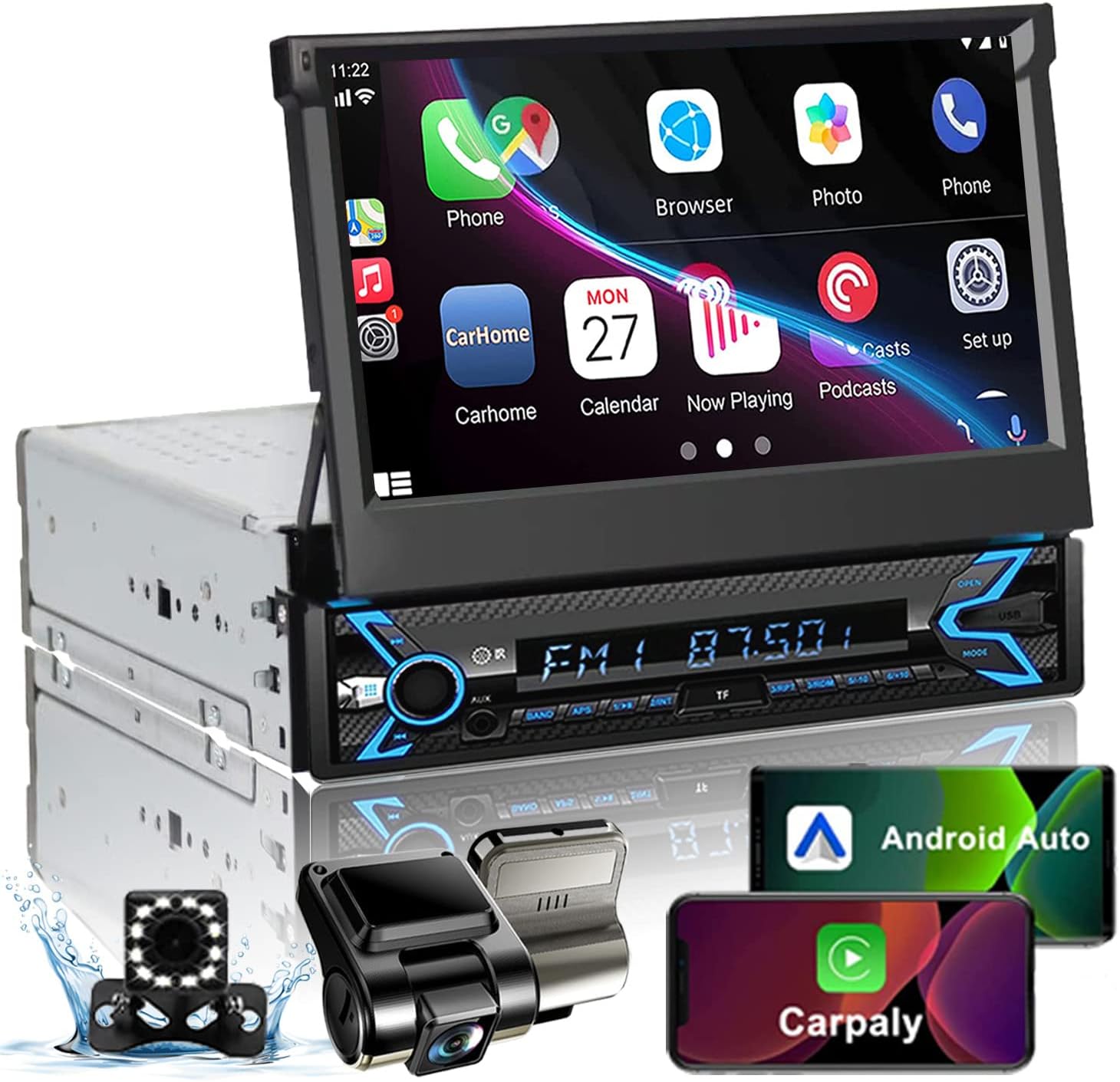 Naifay Single Din Car Stereo with Dash Cam & Backup Camera, 7INCH Flip Out Single Din Touchscreen Car Stereo with Apple Carplay & Android Auto, Car Audio Receivers Bluetooth Mirrorlink FM Car Radio