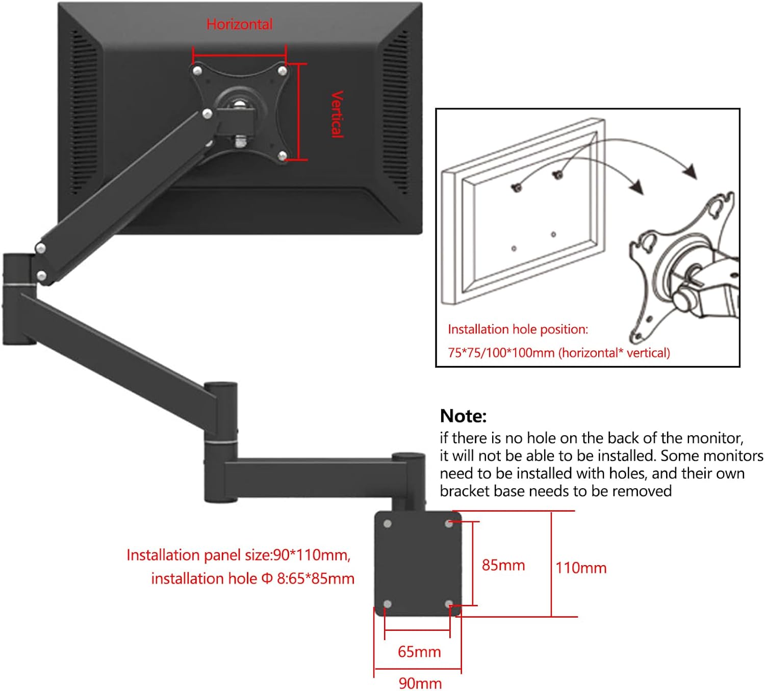 Adjustable TV Wall Mount Bracket with Extended Arm, Ideal for 17-21 Inch Screens, VESA 75x75mm, 100x100mm, Perfect for Bedroom or Workspace, Swivel Design, Holds up to 5.5kgs