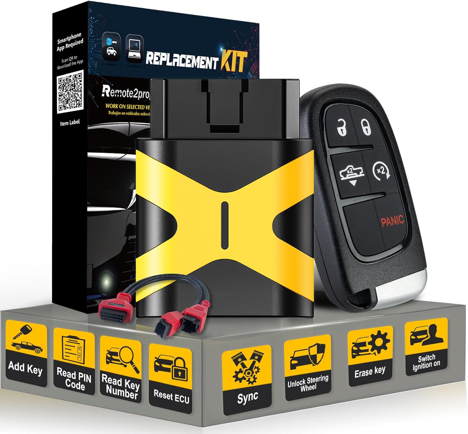 Smart Key Self Programmable Car Key/12+8 Cable Adapter and Keyless Entry Remote Replacement for 2018-2019 Dodge Ram 1500 2500 3500 with FCC: GQ4-54T (5 BUTTON/46 CHIP)