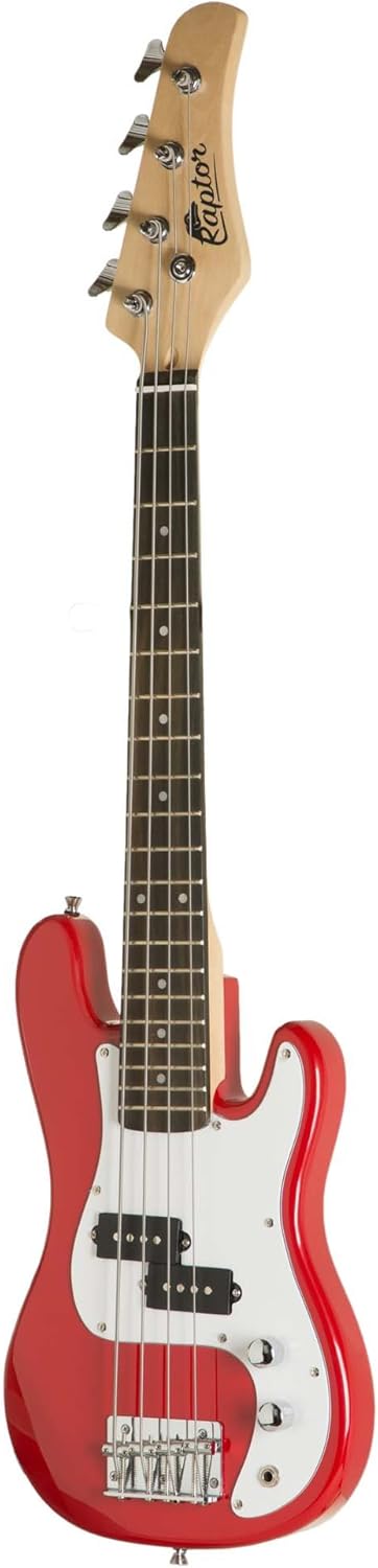 Raptor 3/4 Scale, 38 Inches Size Kids 4 Strings Electric P Bass Package - RED. With 5W Amp, Gig Bag, Strap, 10ft Cable, Picks
