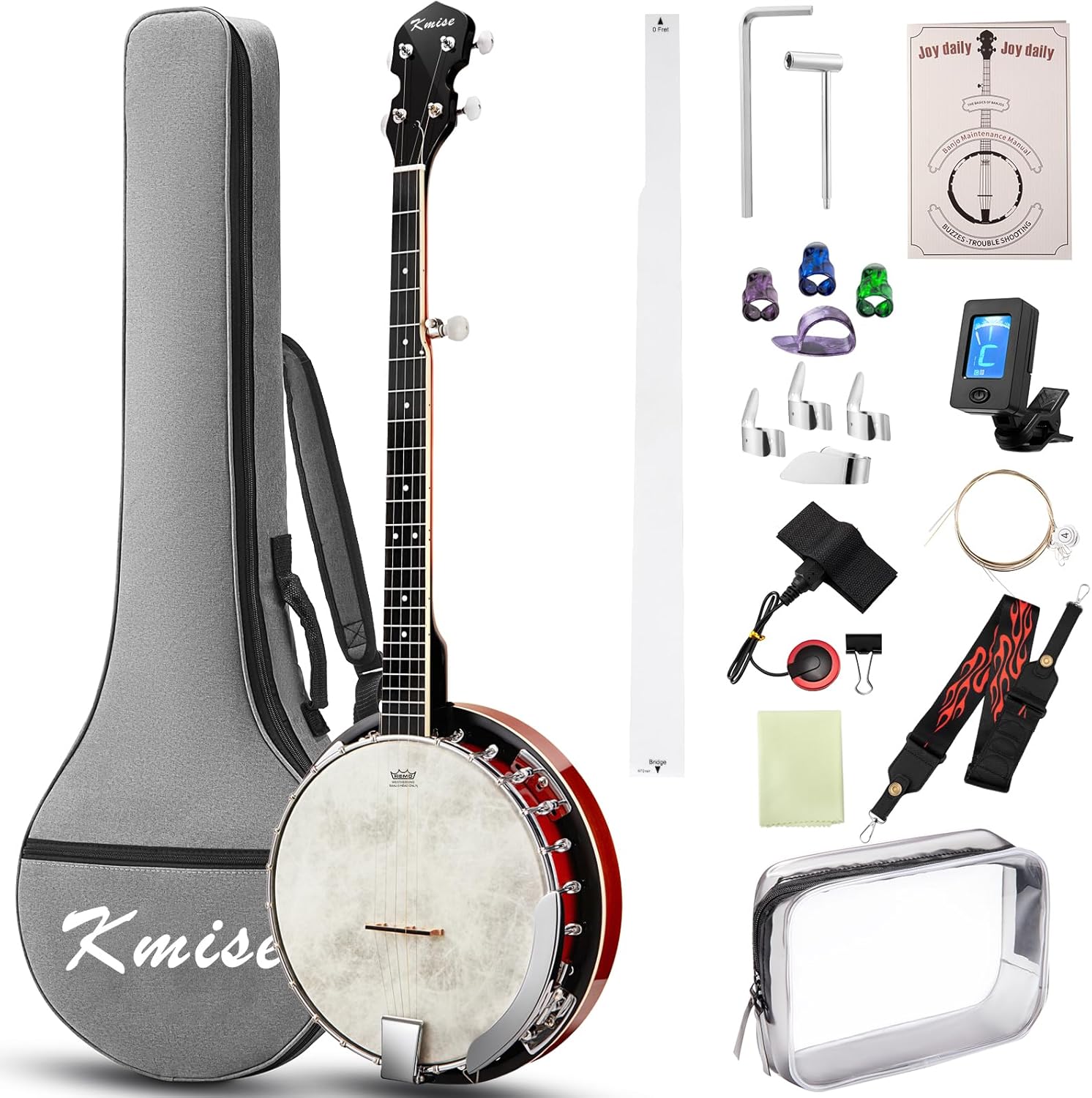 Kmise Lefty Banjo, 5 String Left Handed Banjos with Remo Head Full Size 38 Inch Closed Back with Removable Resonator, Strings Pack, Finger Picks, Strap, Case for Beginners Adults Starter Gift