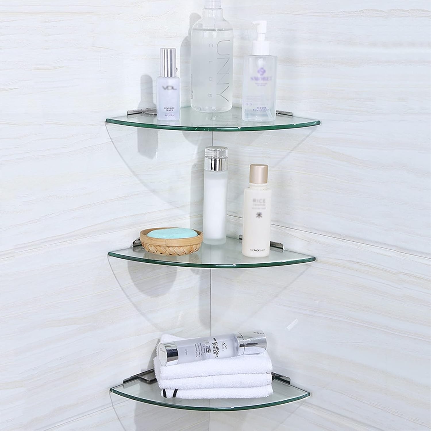 Bathroom Corner Shelf， Stainless Steel Wall Mount Triangle Shelves， 7mm Tempered Glass， Easy to Clean， Shower Storage Shelving，Three Layer-30cm/12in