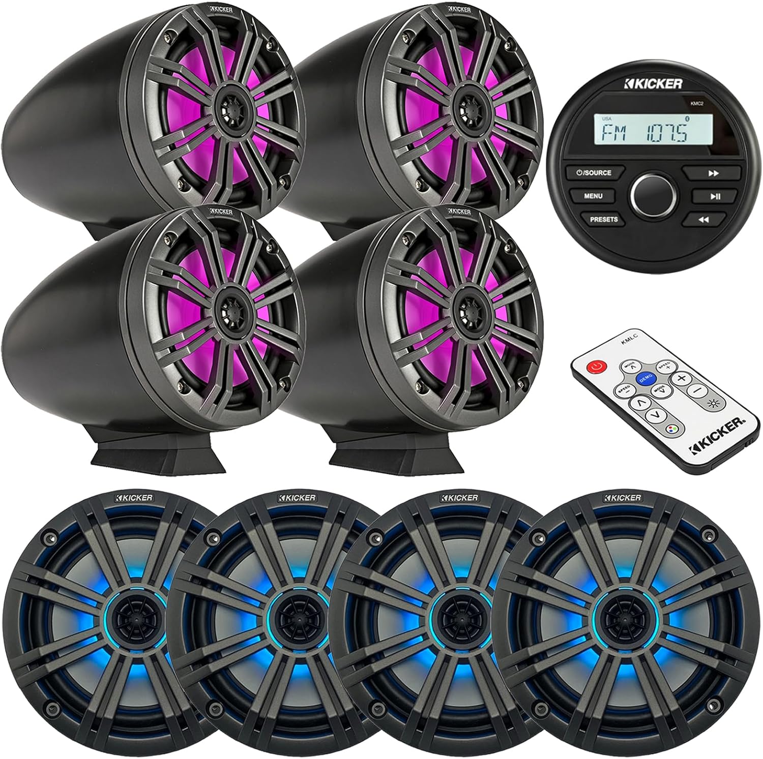 KICKER All-Weather Gauge Style Bluetooth Media Center Receiver, 4X 6.5 195W Max Black Marine Multicolor LED Loaded Tower Speakers, 4X 6.5 OEM Replacement Charcoal LED Boat Speakers, LED Remote