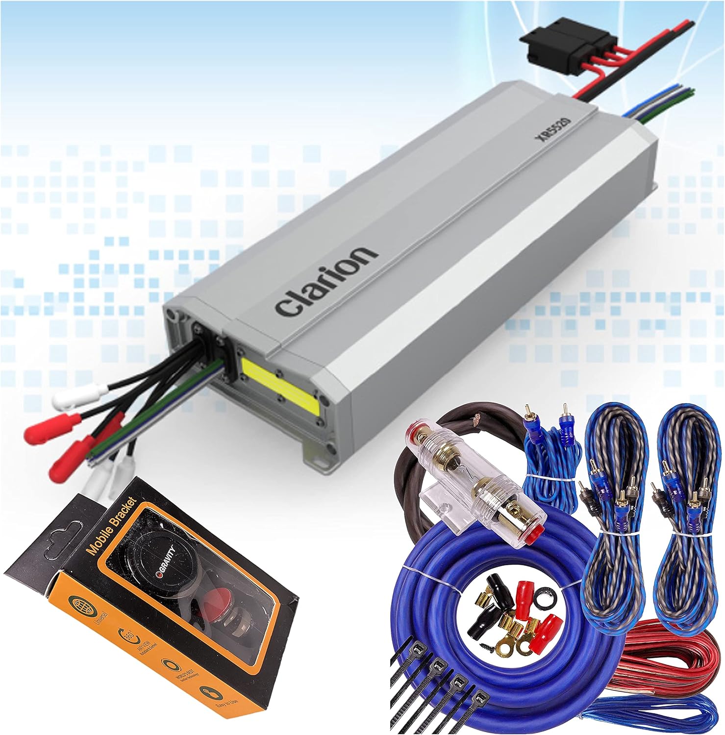 Clarion XR5520 Class D 5-Channel 800W Maximum Power Handling Car Audio Amplifier Sound System Subwoofer Speaker Amp with Gravity Magnet Phone Holder and 4 Gauge Kit Blue Bundle