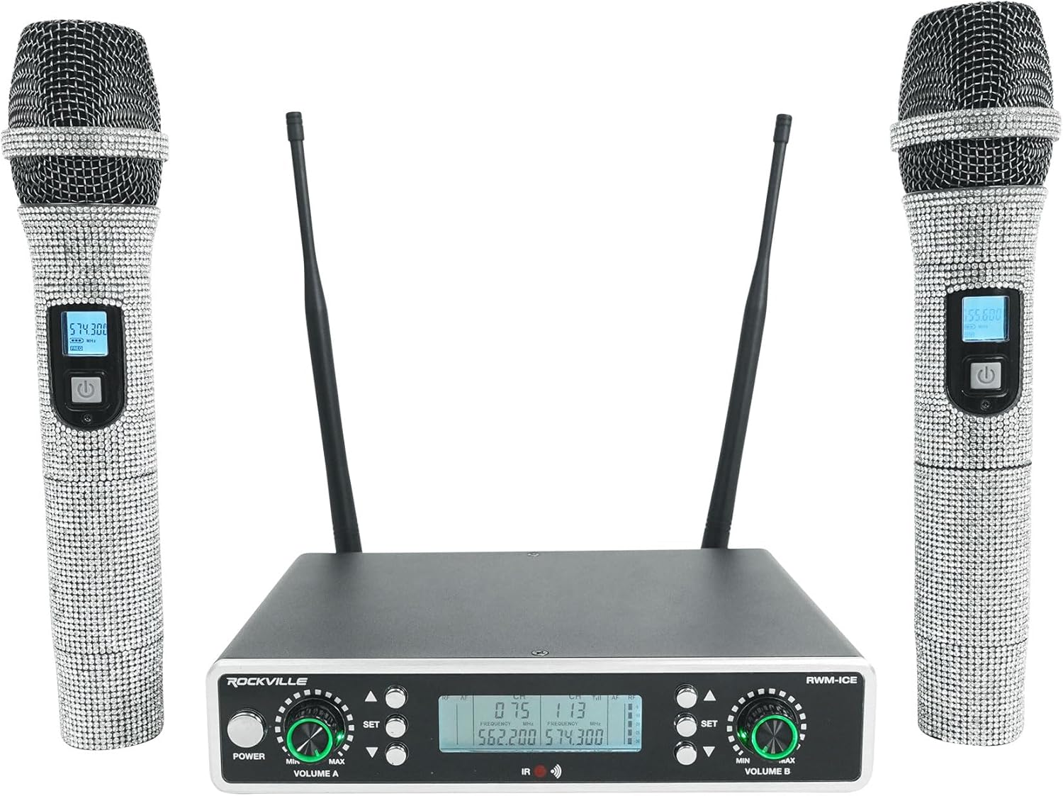 Rockville RWM-ICE Dual UHF 100 Channel, Diamond Handheld Wireless Microphone System, Long-Range 400ft, High-Fidelity Sound, Durable Metal Build, for Performers and Event Hosts