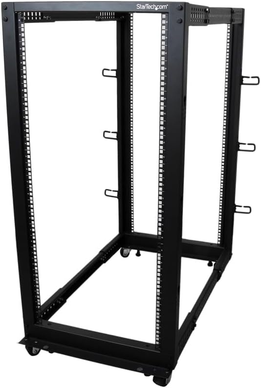 StarTech.com 4-Post 25U Mobile Open Frame Server Rack, 19in Network Rack with Wheels, Rolling Rack for Computer/AV/Data/IT Equipment - Casters, Leveling Feet or Floor Mounting (4POSTRACK25U)