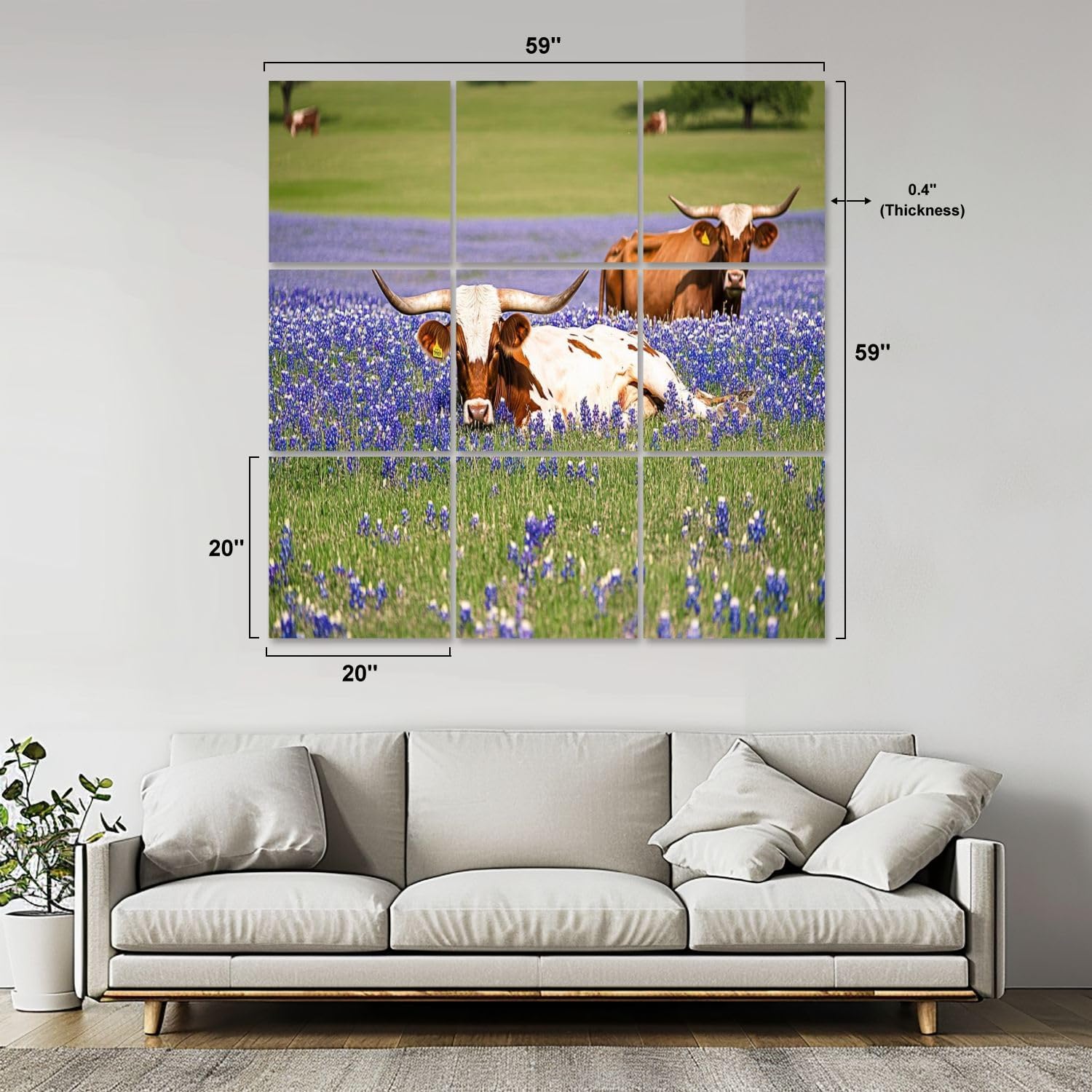 Art Acoustic Panels Self Adhesive Texas longhorn cattle bluebonnets 9 Packs Decorative Soundproof Wall Panels Large Sound Absorbing Panels for Home Office 60
