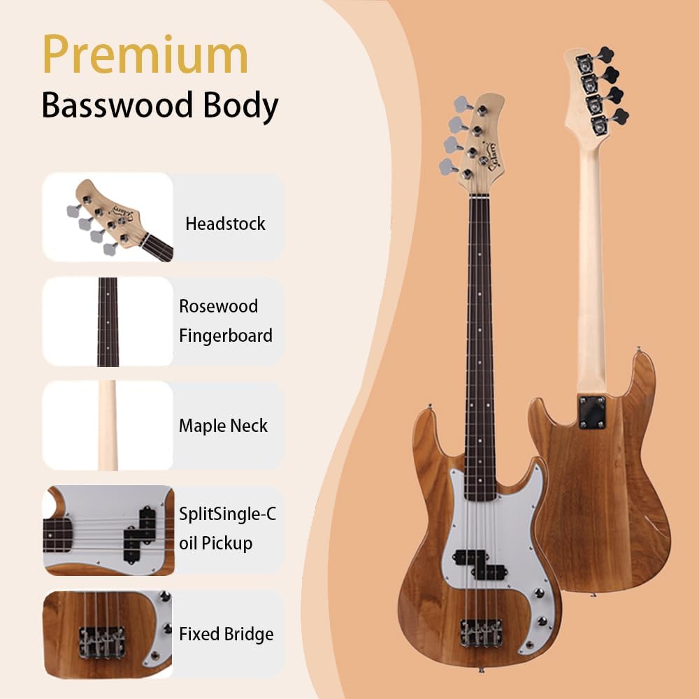 Glarry P Electric Bass Guitar Exquisite Full Size 4 String Guitar with AMP, Beginner Bass with Guitar Bag, Power Line & Wrench Tool (Dark Burlywood)