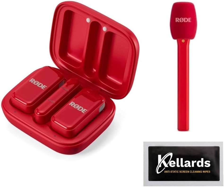 Rode Wireless Micro 2-Person Ultracompact with USB-C Connector Red Bundle Interview GO - Red, Anti-Static Screen Cleaning Wipes (5-Pack)